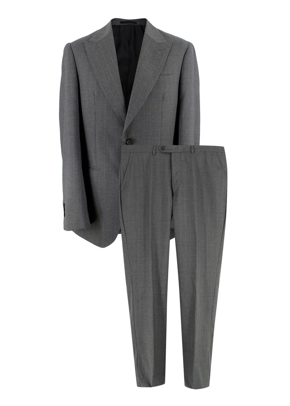 Men's Ejjeh Bespoke Tailored Grey Striped Single-breasted Suit Size L wool