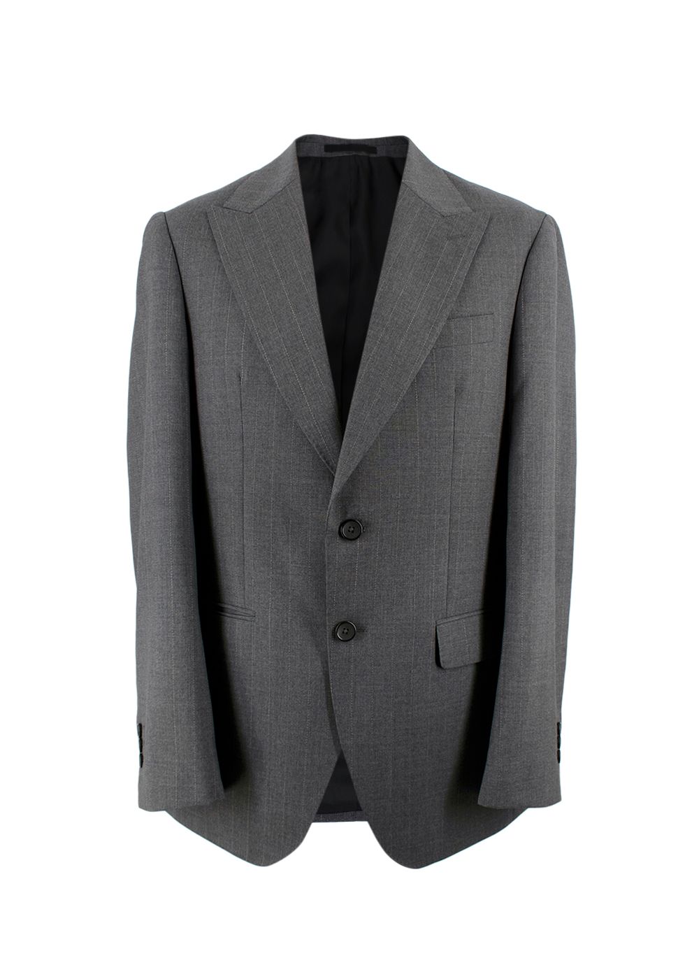 Men's Ejjeh Bespoke Tailored Grey Striped Single-breasted Suit Size L wool