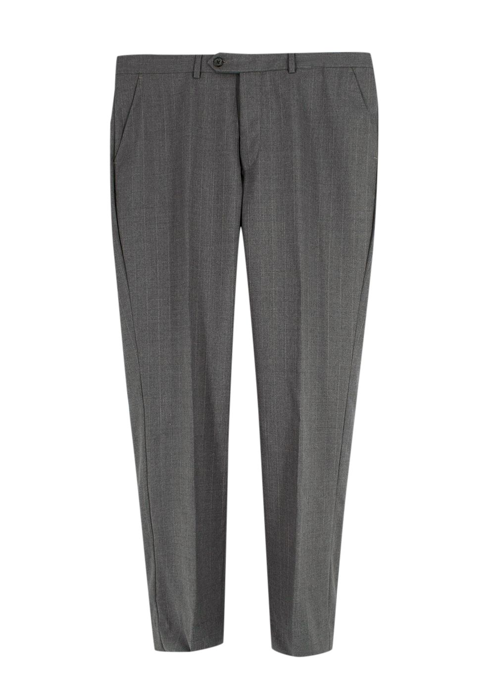 Men's Ejjeh Bespoke Tailored Grey Striped Single-breasted Suit Size L wool