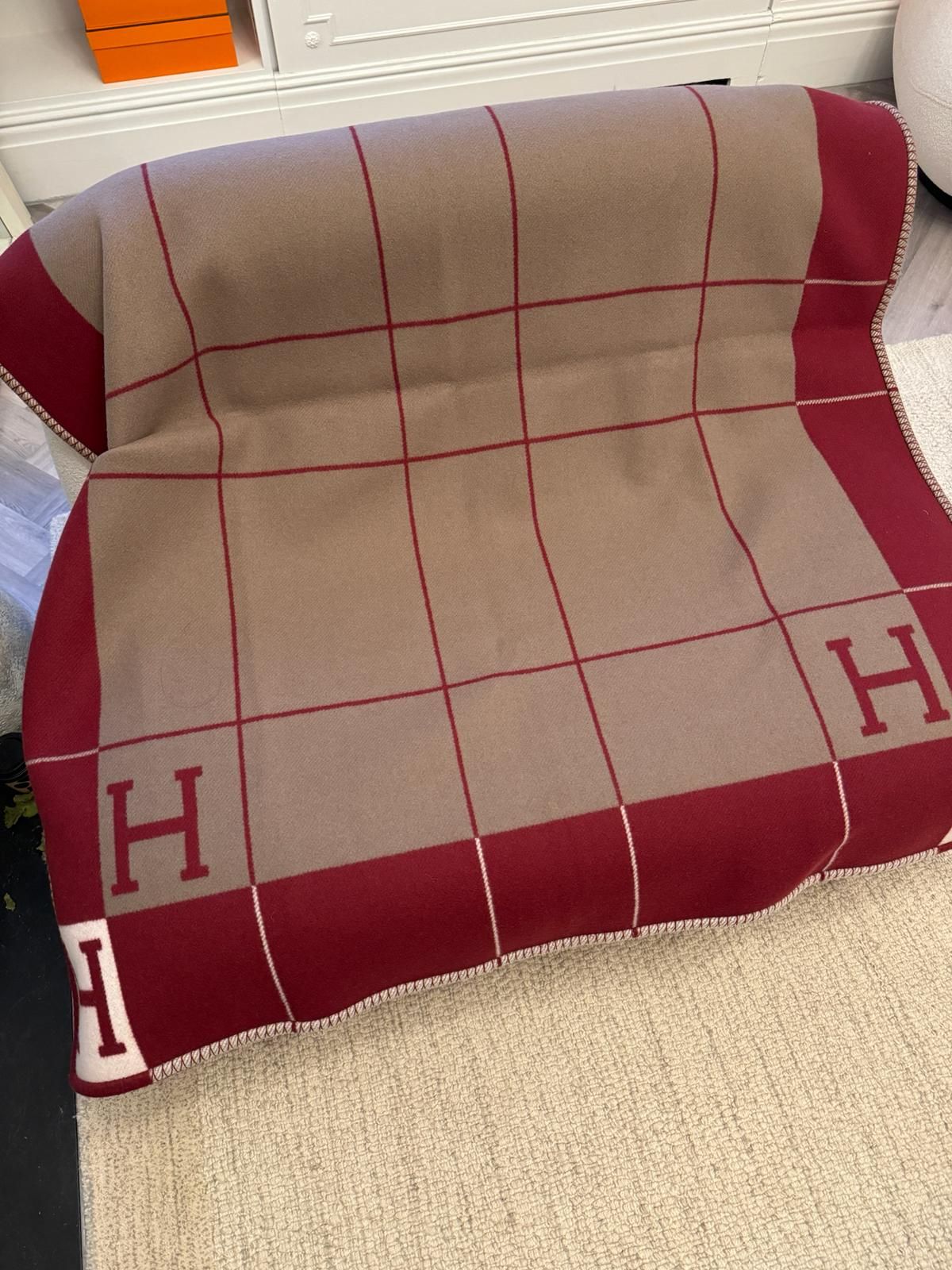 Men's Hermes Ecru and Rouge Avalon III Merino Wool Throw Blanket Rouge H  Ecru merinos wool/cashmere