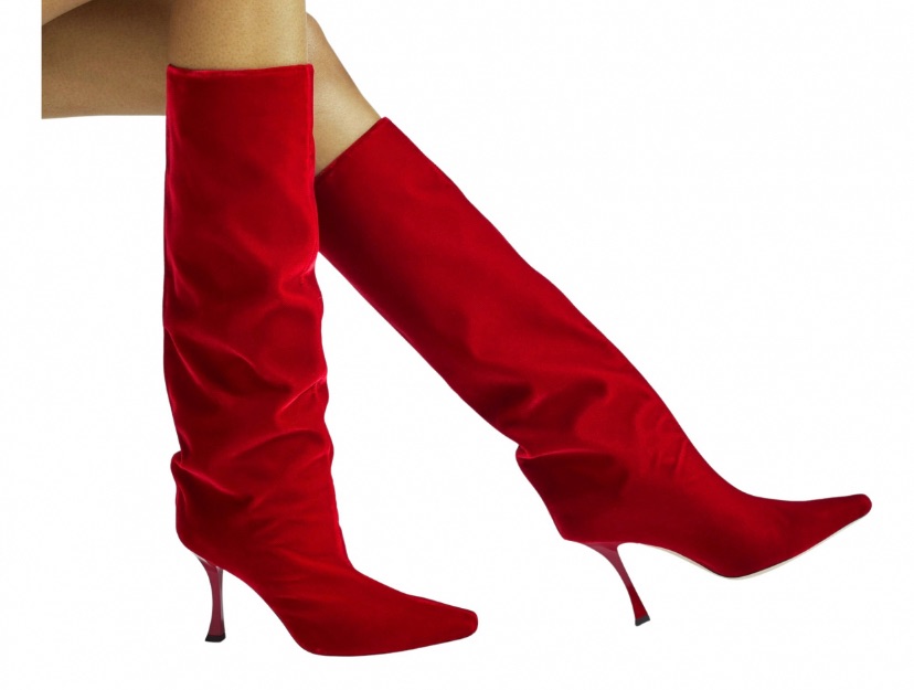 Preowned Jimmy Choo Red velvet long heeled boots Size 39 leather