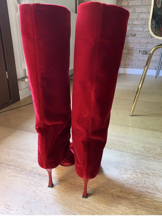 Preowned Jimmy Choo Red velvet long heeled boots Size 39 leather