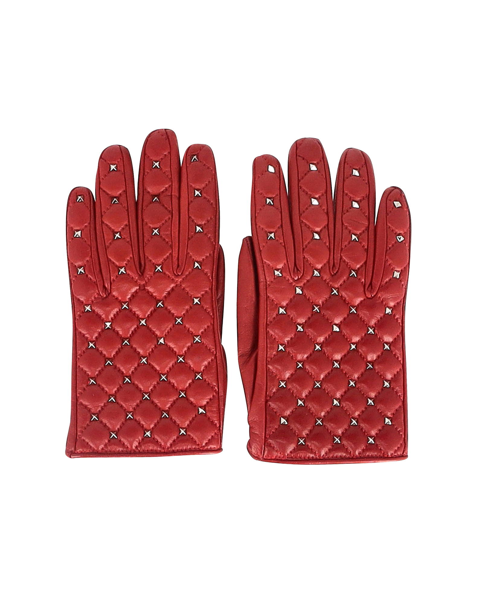 Preowned Valentino Garavani Red Quilted Rockstud Embellished Gloves red | burgundy leather