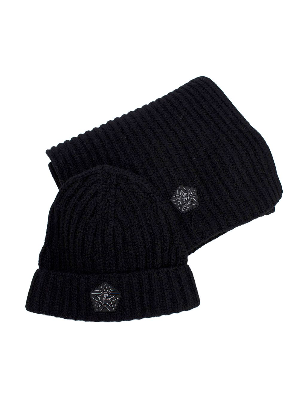 Preowned Fusalp x Zenith Black Ribbed Wool Beanie and Scarf Set