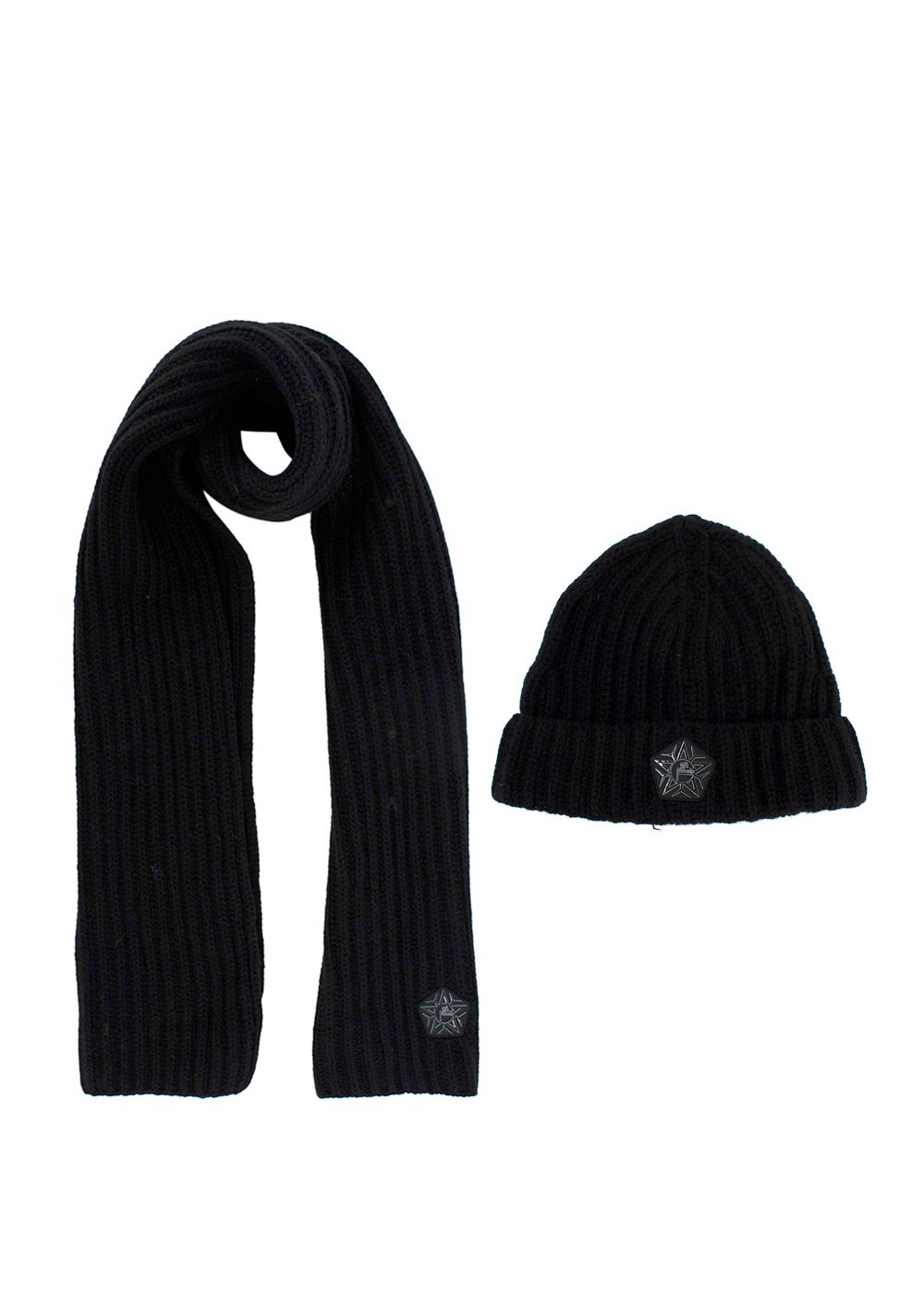 Preowned Fusalp x Zenith Black Ribbed Wool Beanie and Scarf Set