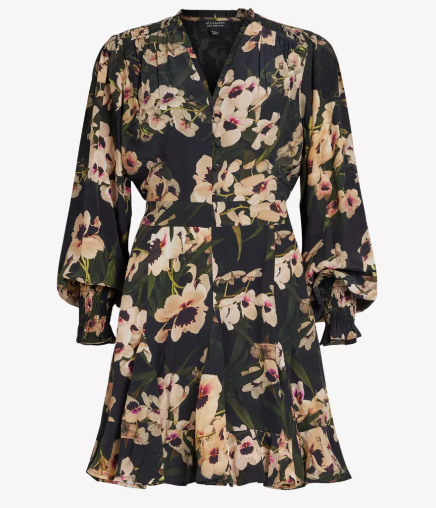 Allsaints Dana Francoise Floral Dress In Dark Khaki Green Size XL Dark khaki green and floral viscose