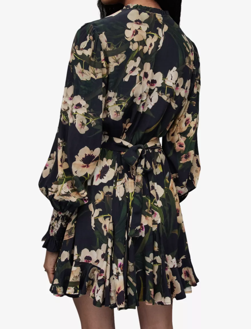 Allsaints Dana Francoise Floral Dress In Dark Khaki Green Size XL Dark khaki green and floral viscose