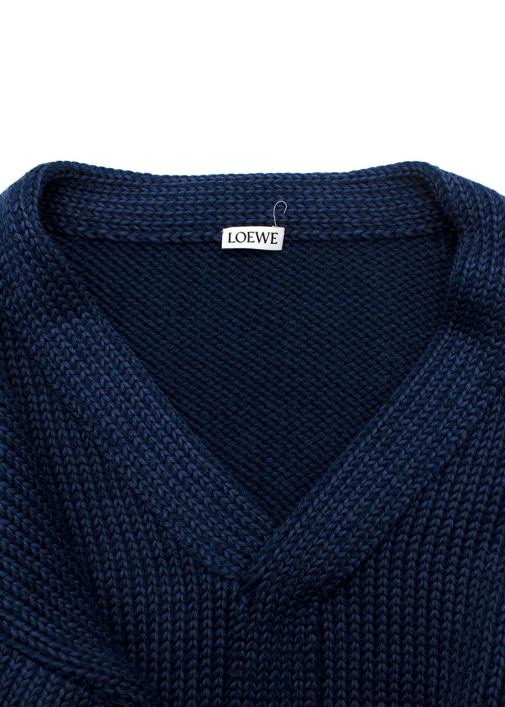 Men's Preowned Loewe Navy V-Neck Knit Jumper With Yellow Anagram Size M navy blue wool/silk