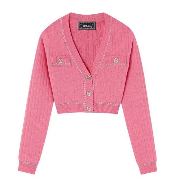 Versace Flamingo Medusa Cropped Knit Cardigan Size L Pink wool