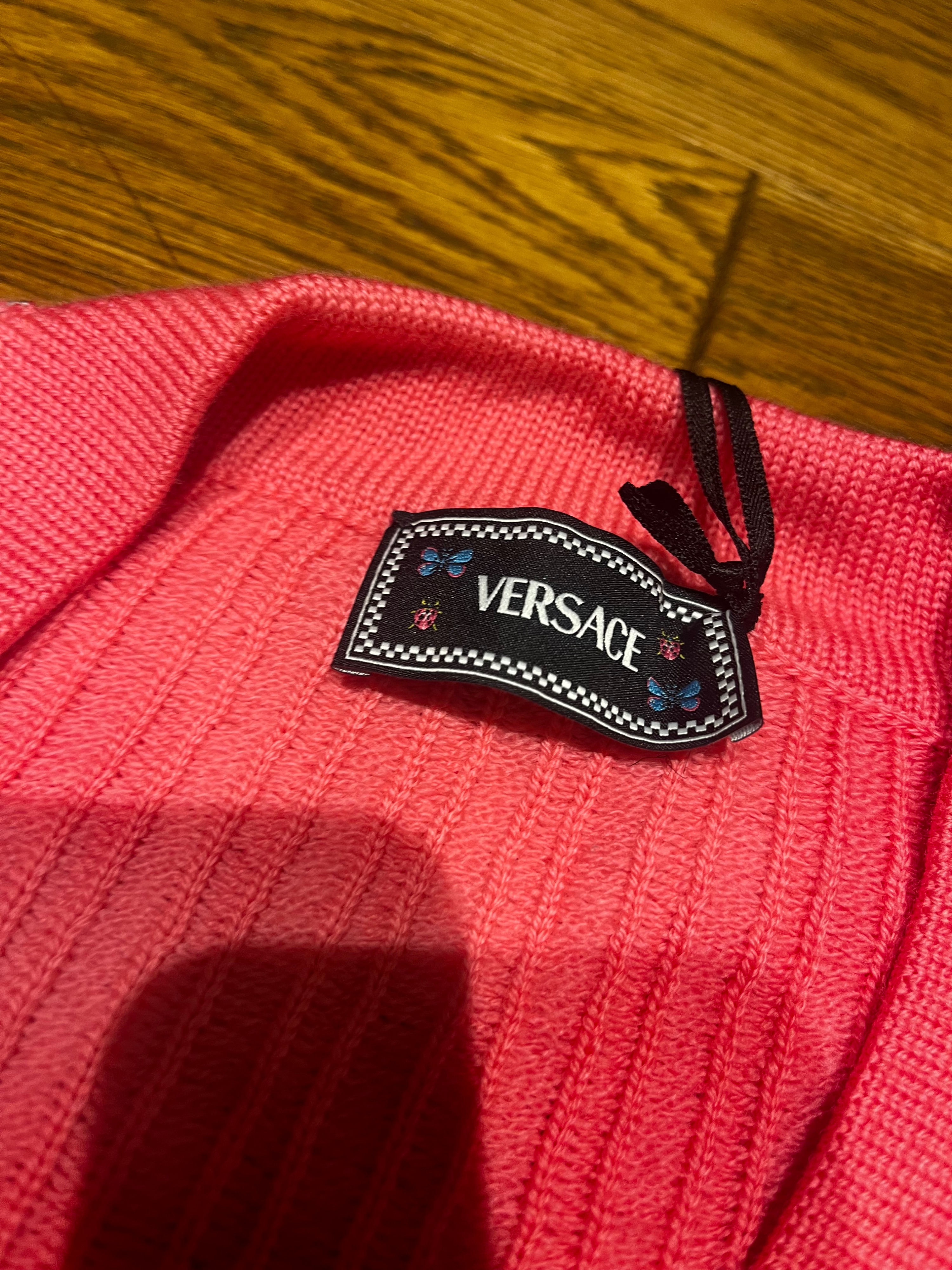 Versace Flamingo Medusa Cropped Knit Cardigan Size L Pink wool