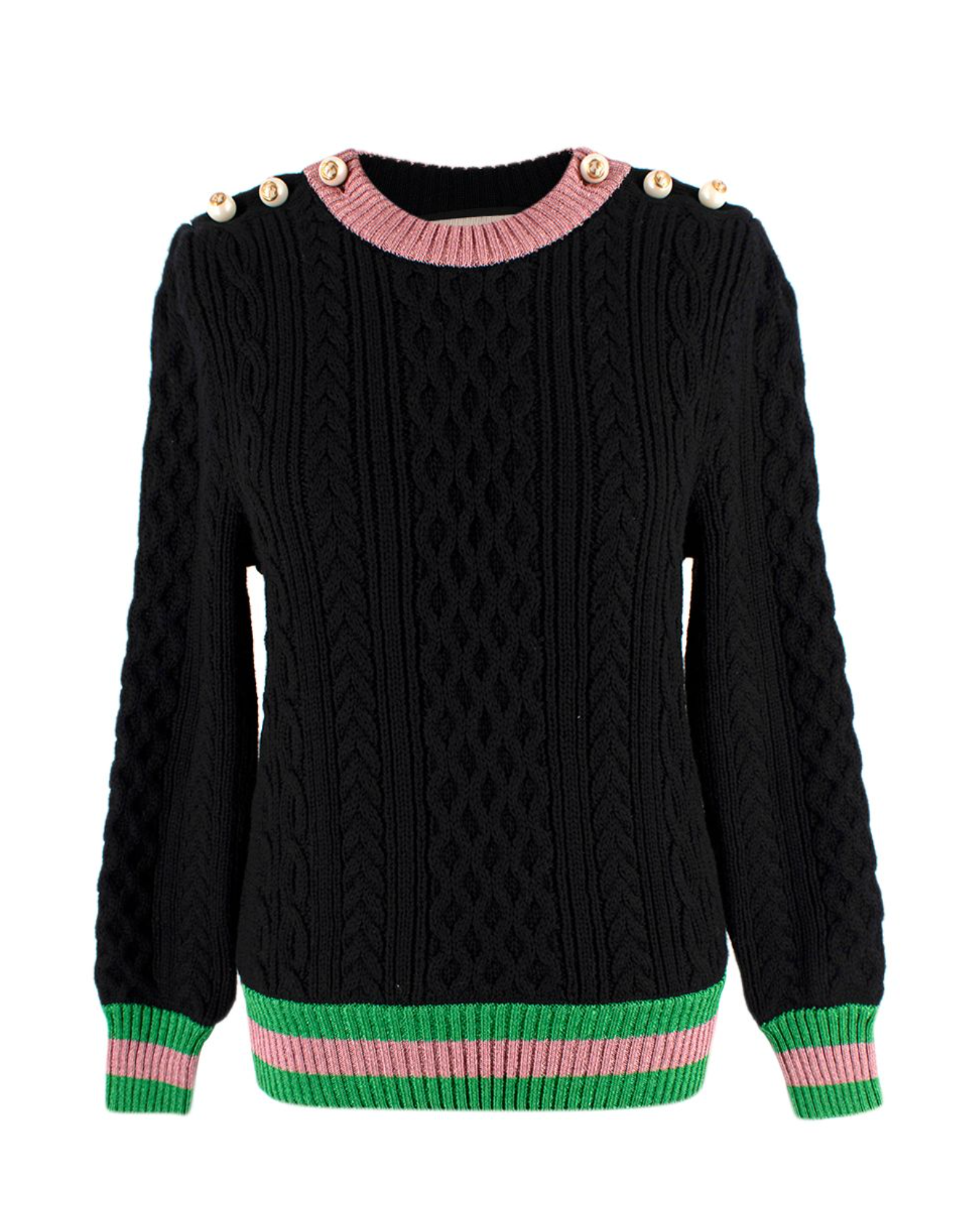 Gucci Black Cable Knit Sweater with Pink and Green Trim Size L black pink green wool