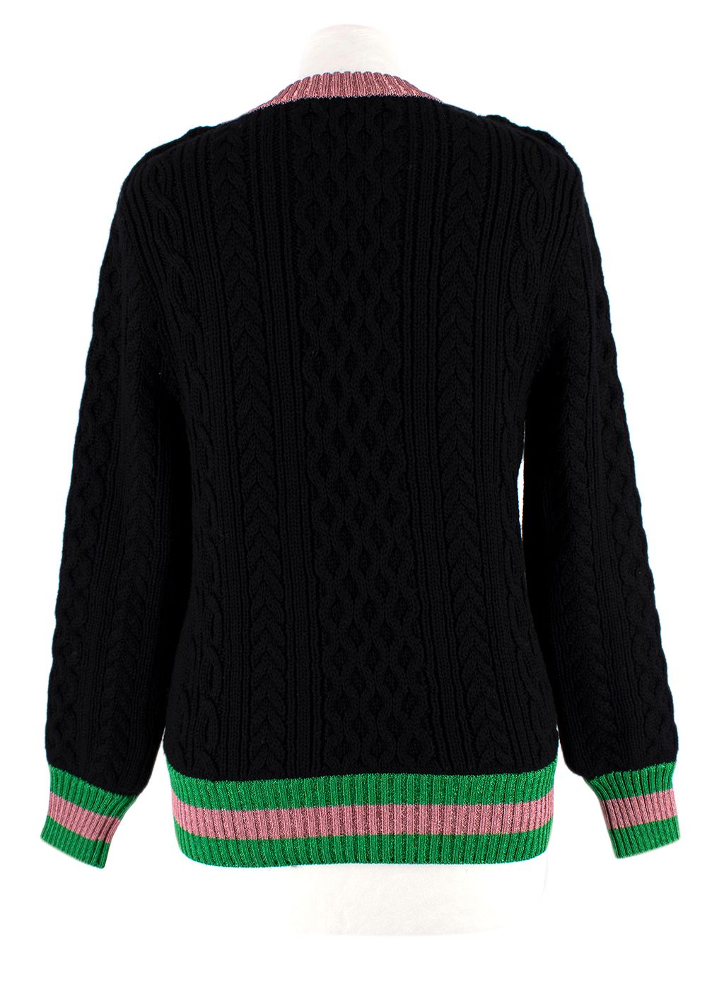 Gucci Black Cable Knit Sweater with Pink and Green Trim Size L black pink green wool