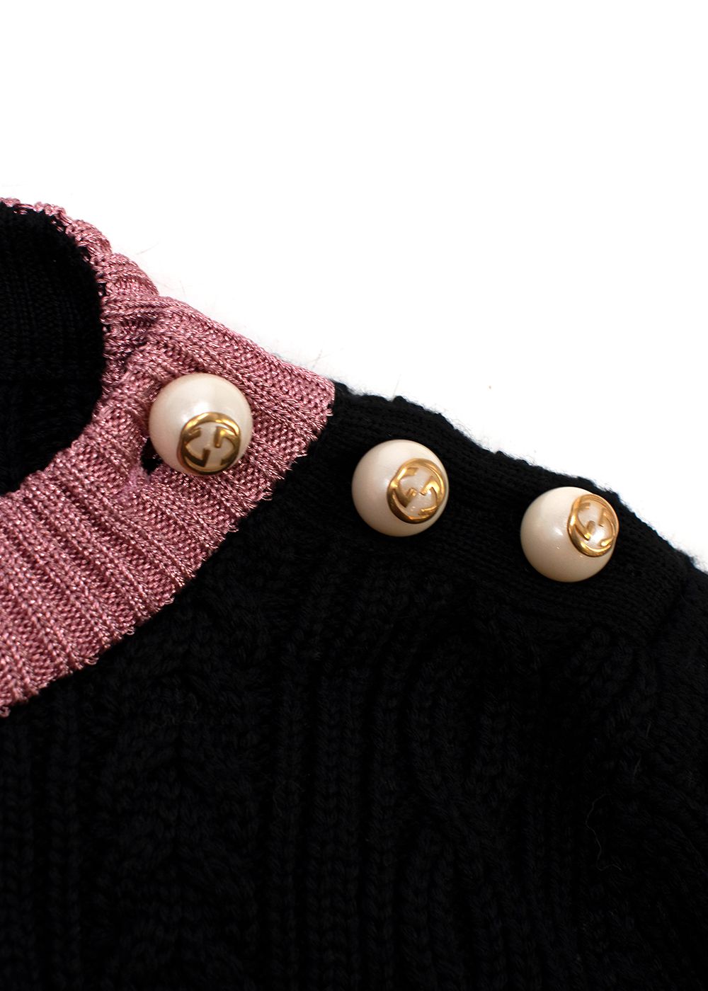 Gucci Black Cable Knit Sweater with Pink and Green Trim Size L black pink green wool