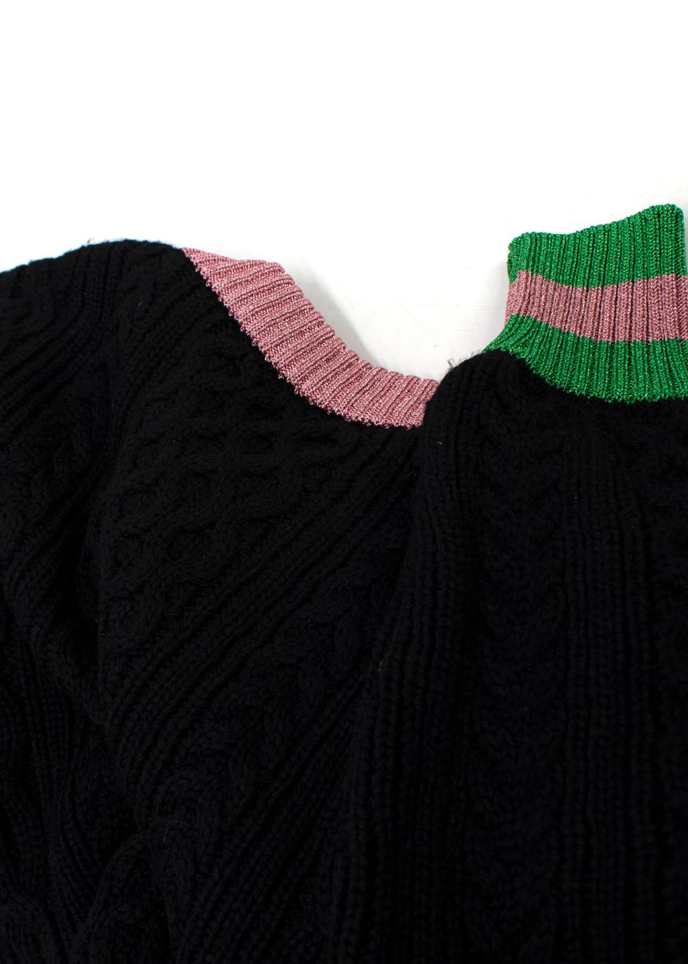 Gucci Black Cable Knit Sweater with Pink and Green Trim Size L black pink green wool