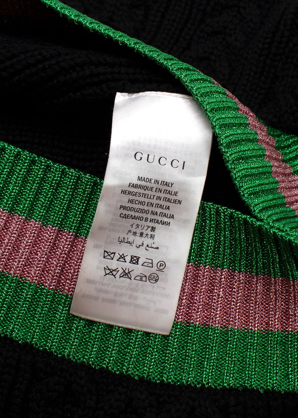 Gucci Black Cable Knit Sweater with Pink and Green Trim Size L black pink green wool