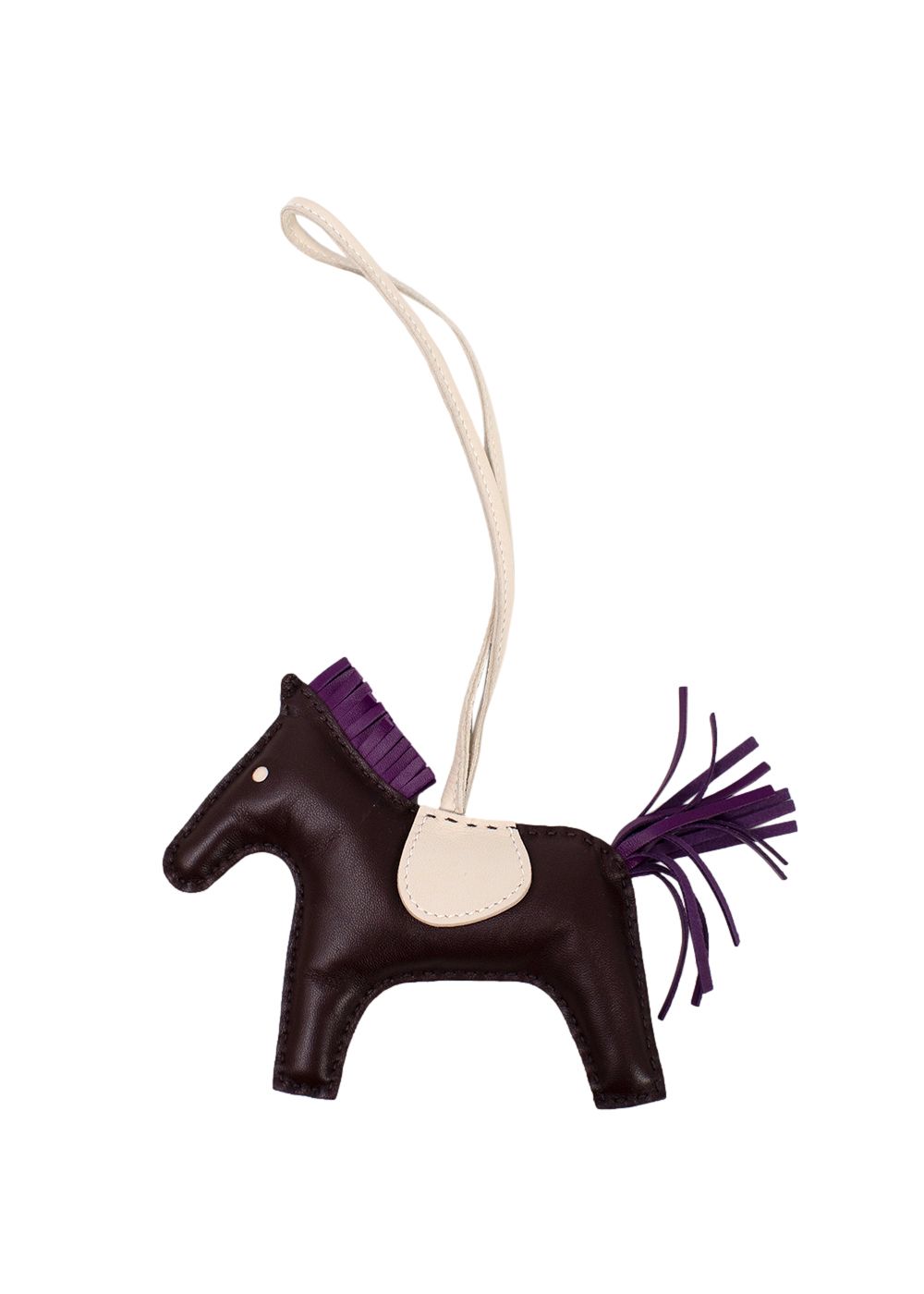 Hermes Grigri Rodeo  Bag Charm PMin  Rouge Sellier Craie and  Violet Swift Leather chocolate brown purple white