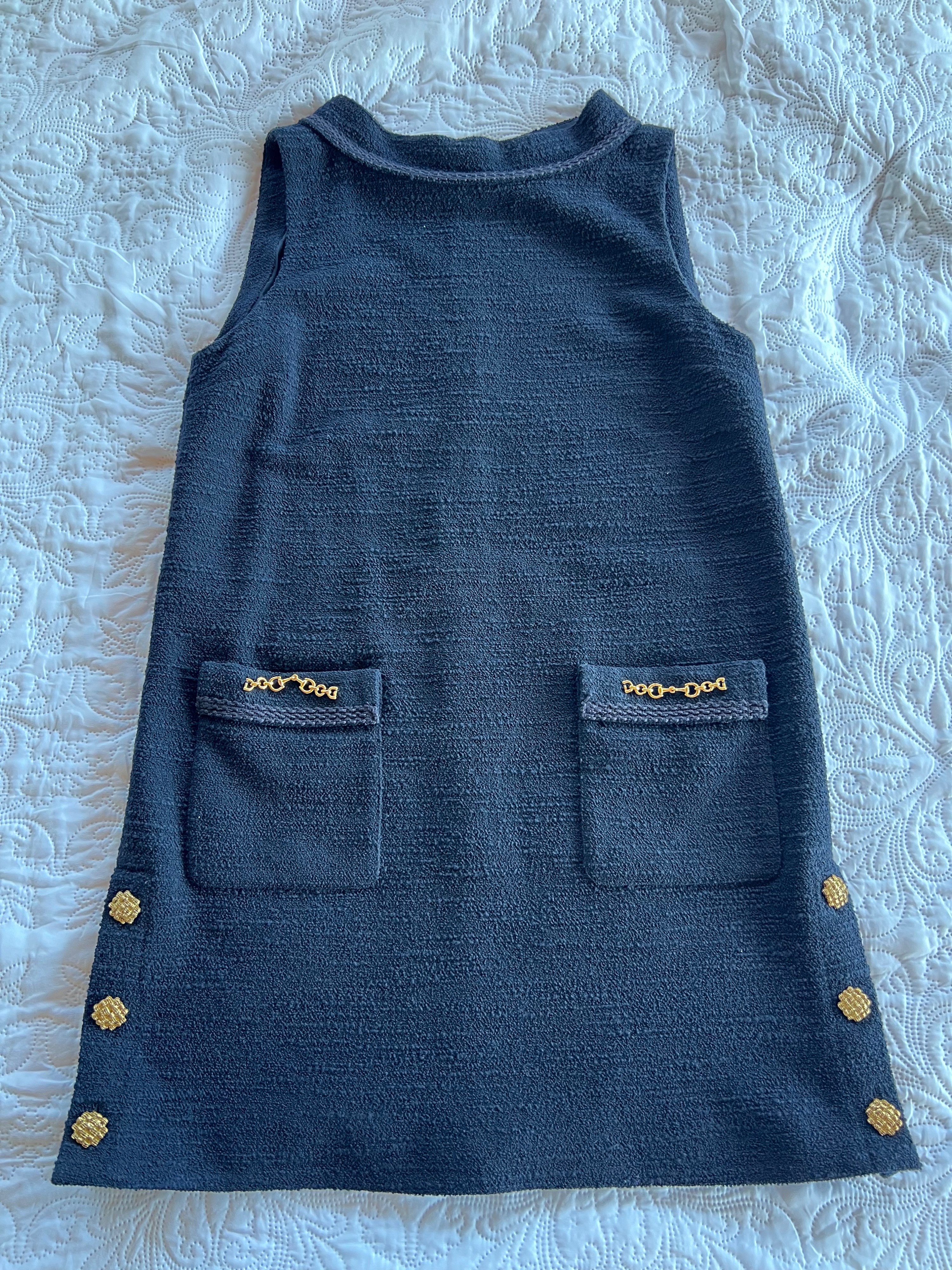 Gucci Navy Wool Blend Shift Dress with Gold Detail Size L Navy Blue wool-blend