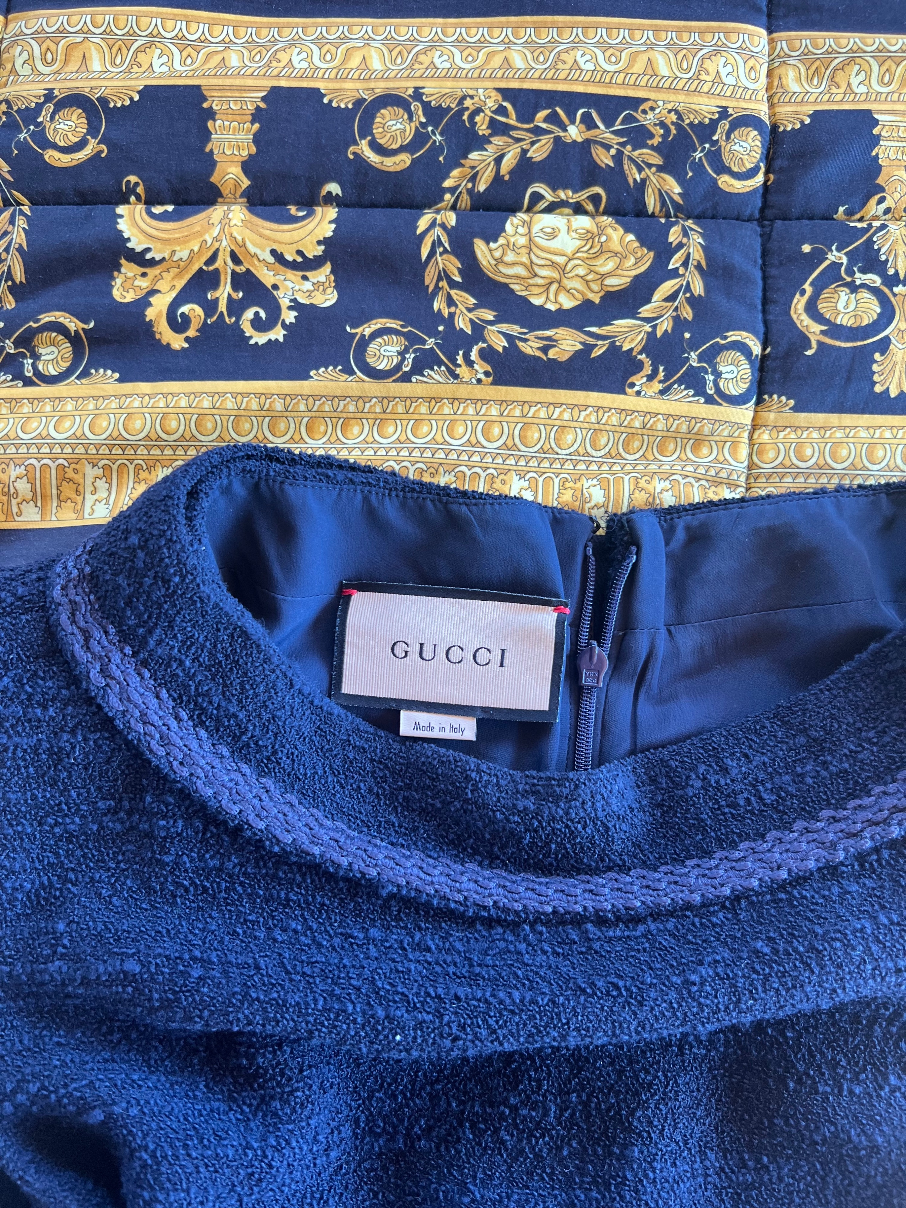 Gucci Navy Wool Blend Shift Dress with Gold Detail Size L Navy Blue wool-blend