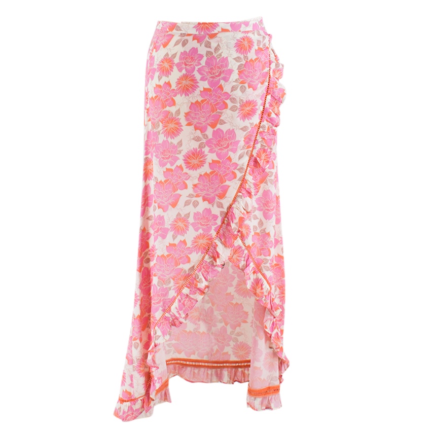 Preowned Paloma Blue Pink Floral Wrap Ruffle Skirt Size S Floral / Patterned viscose