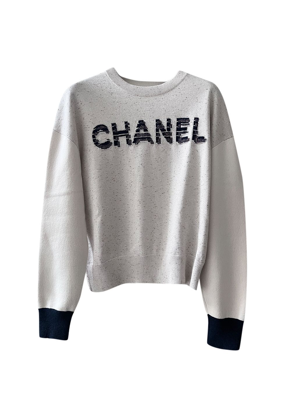 Preowned Chanel Logo Contrast Sweater Size M Ecru grey cashmere mix