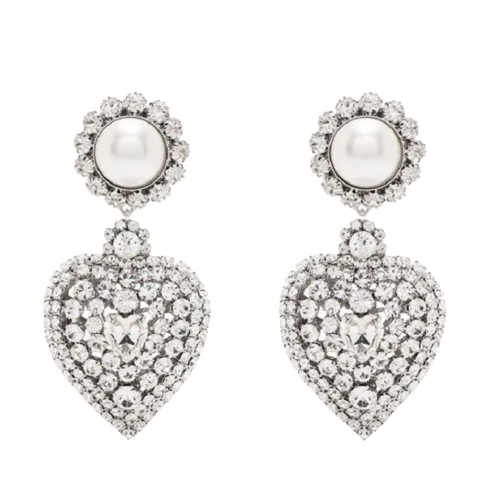 Alessandra Rich Crystal  Pearl Heart Clip-On Earrings Silver