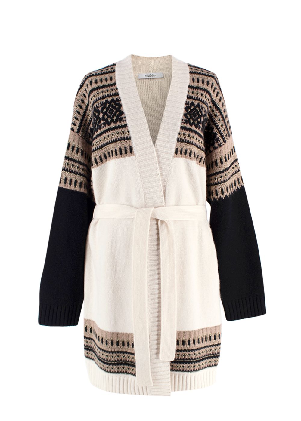 Preowned MaxMara Cream Buona Belted Fair Isle Cardigan Size L Cream/brown wool/cashmere