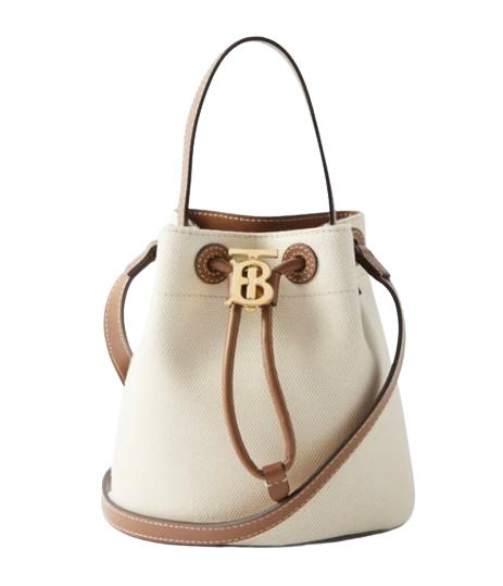 Preowned Burberry Ivory Mini Bucket Bag Neutral embellished leather-trimmed cotton-canvas bucket bag