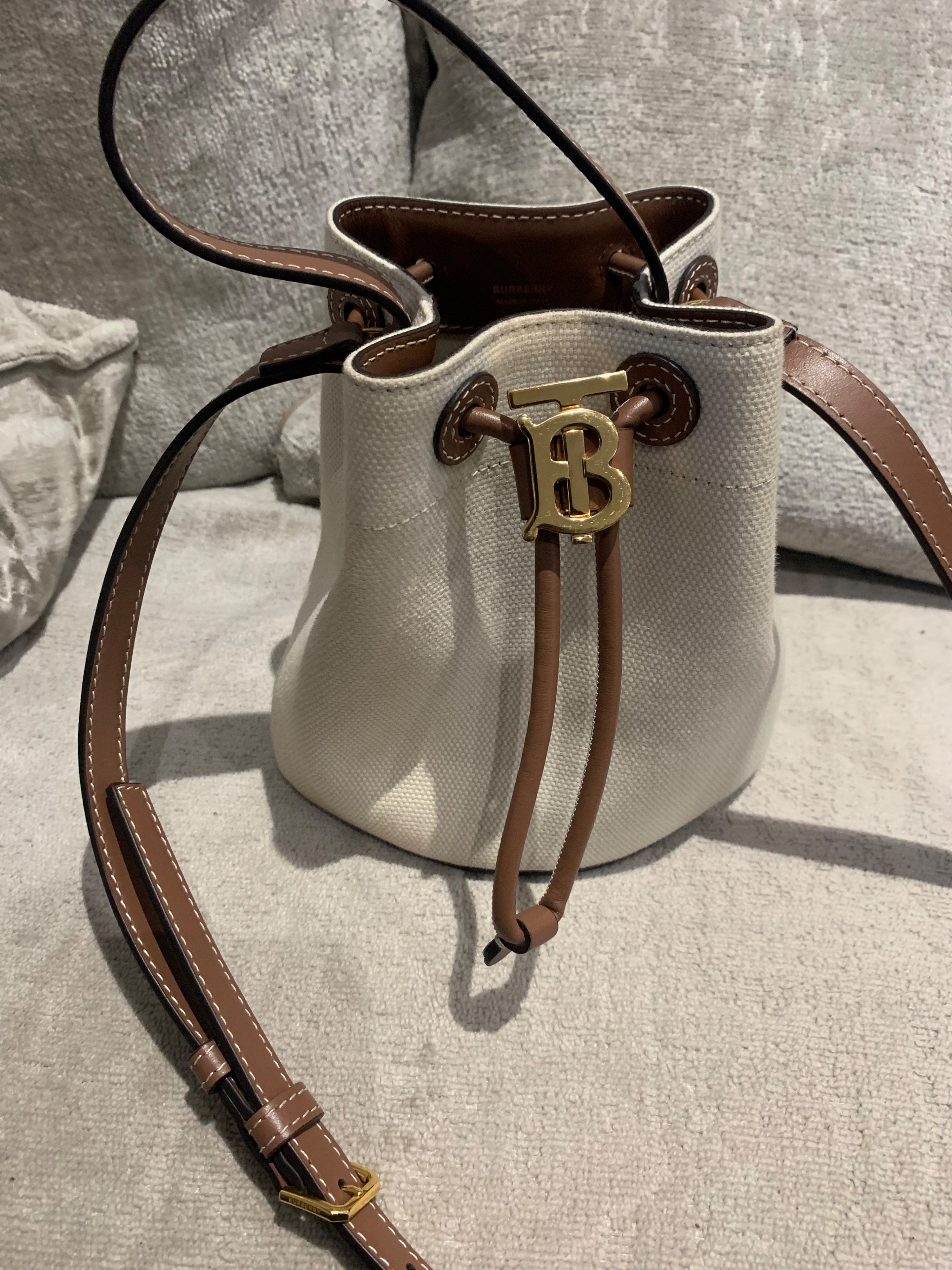 Preowned Burberry Ivory Mini Bucket Bag Neutral embellished leather-trimmed cotton-canvas bucket bag