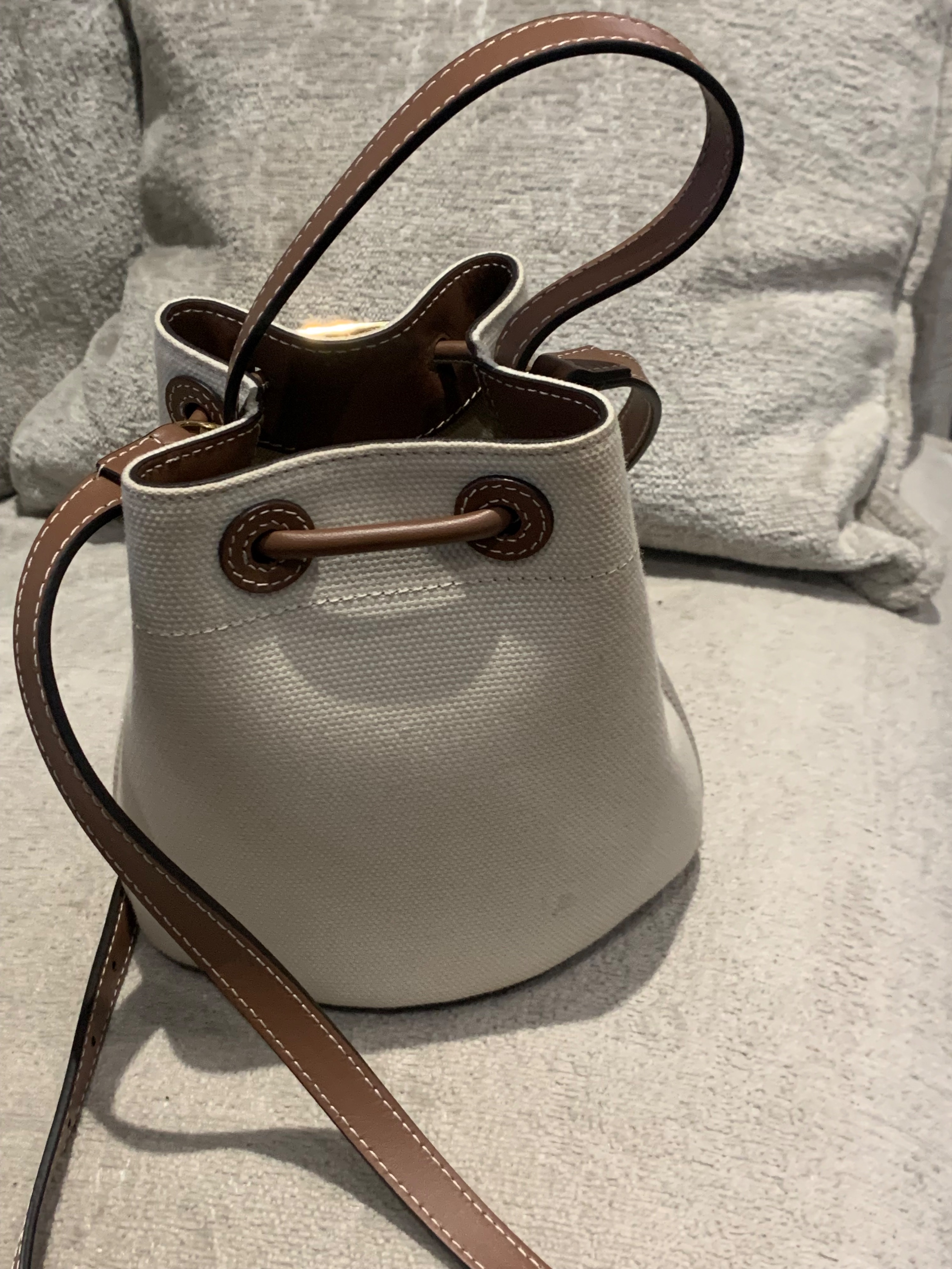 Preowned Burberry Ivory Mini Bucket Bag Neutral embellished leather-trimmed cotton-canvas bucket bag