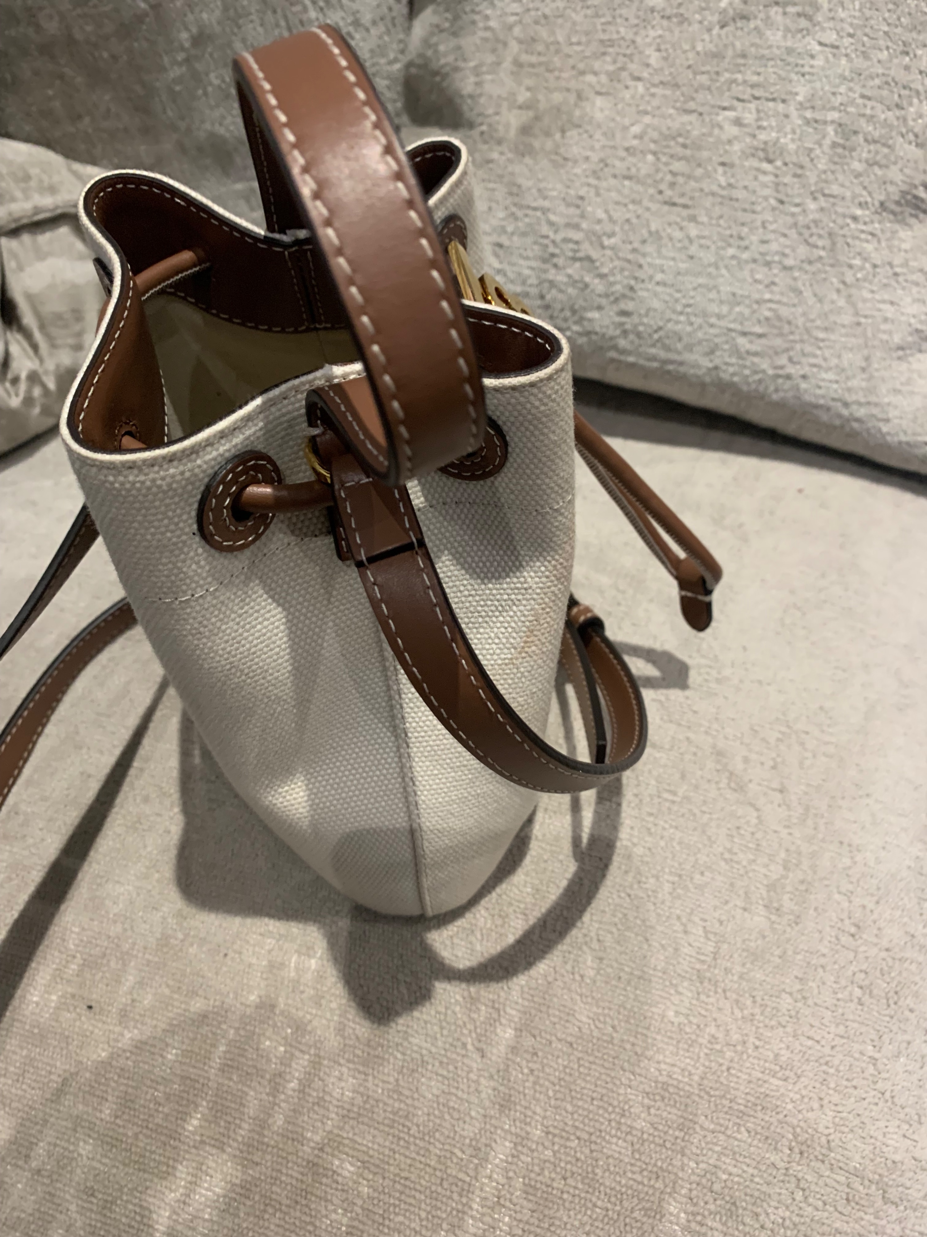 Preowned Burberry Ivory Mini Bucket Bag Neutral embellished leather-trimmed cotton-canvas bucket bag