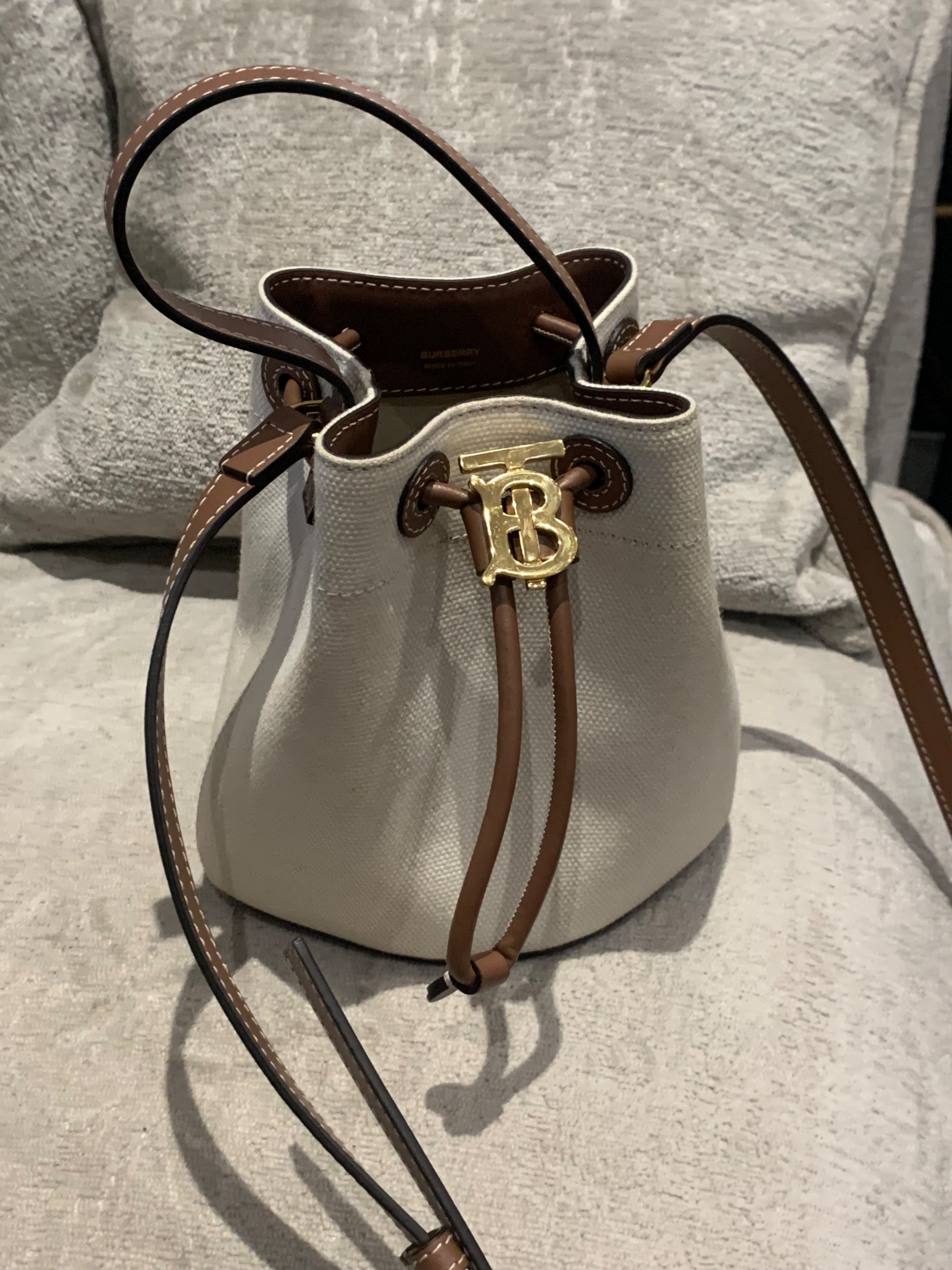 Preowned Burberry Ivory Mini Bucket Bag Neutral embellished leather-trimmed cotton-canvas bucket bag