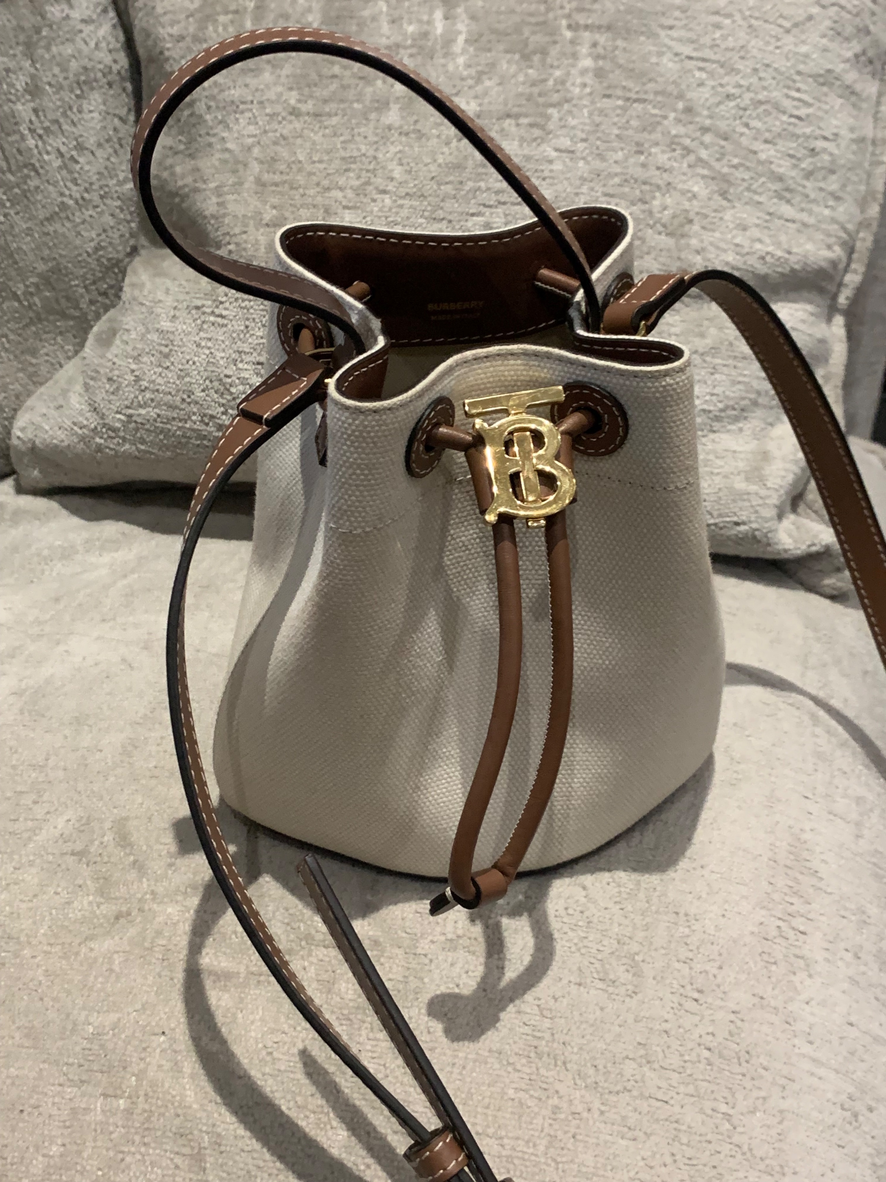 Preowned Burberry Ivory Mini Bucket Bag Neutral embellished leather-trimmed cotton-canvas bucket bag