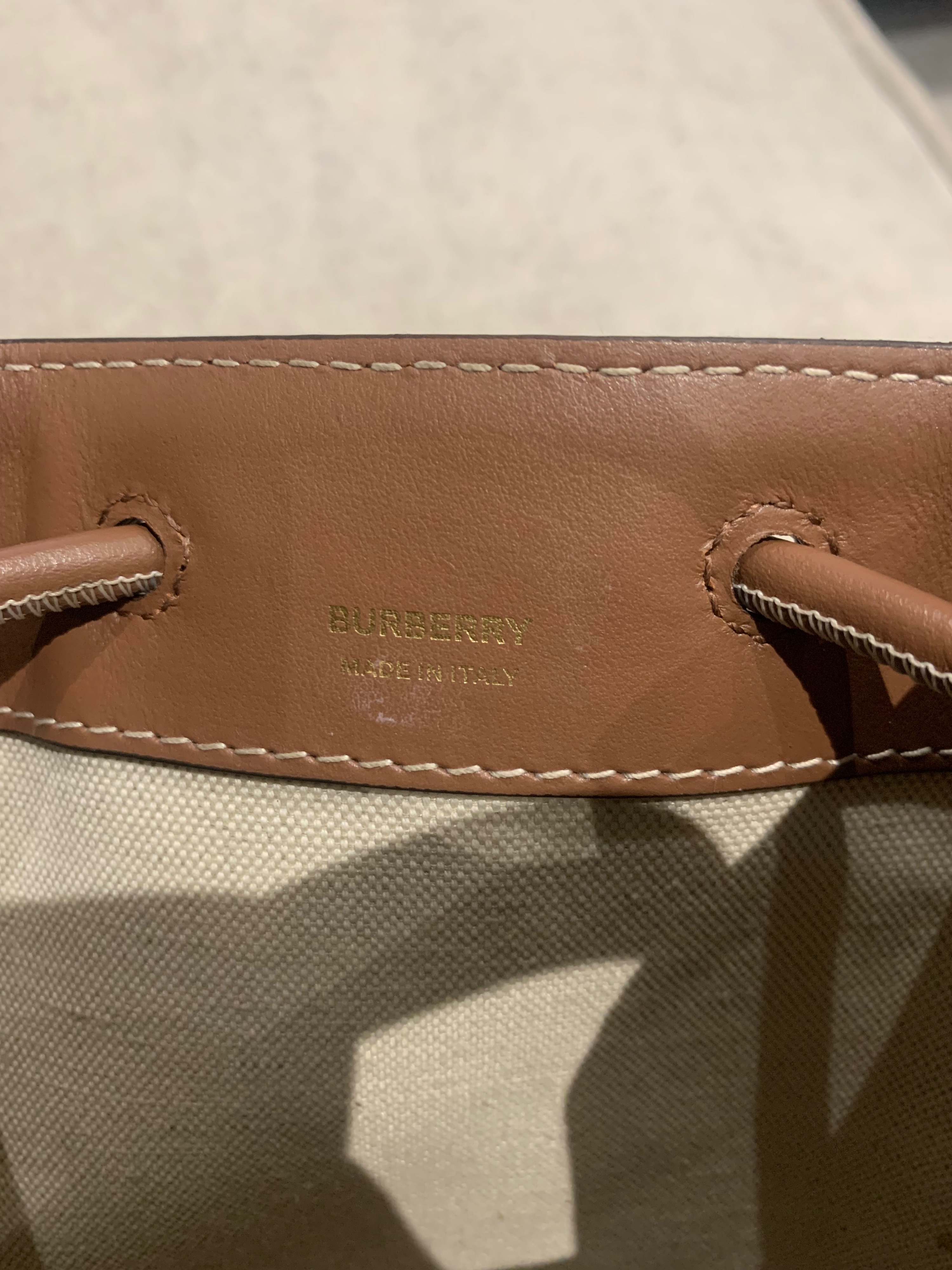 Preowned Burberry Ivory Mini Bucket Bag Neutral embellished leather-trimmed cotton-canvas bucket bag