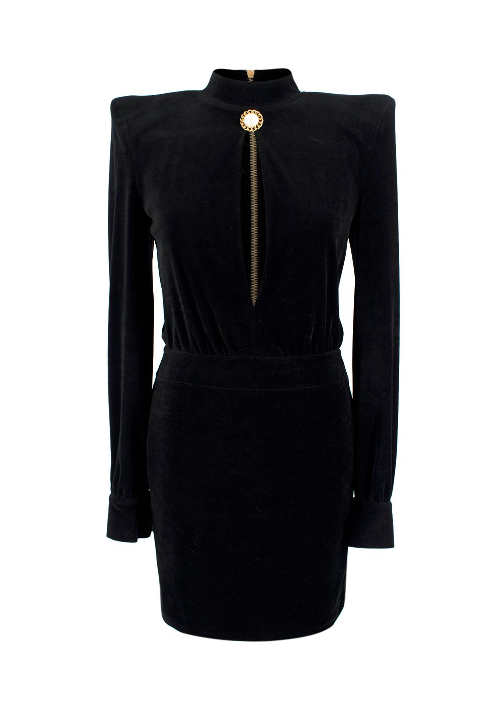 Balmain Black Velvet Cut-Out Structured Mini Dress with Pearl Embellishment Size XS