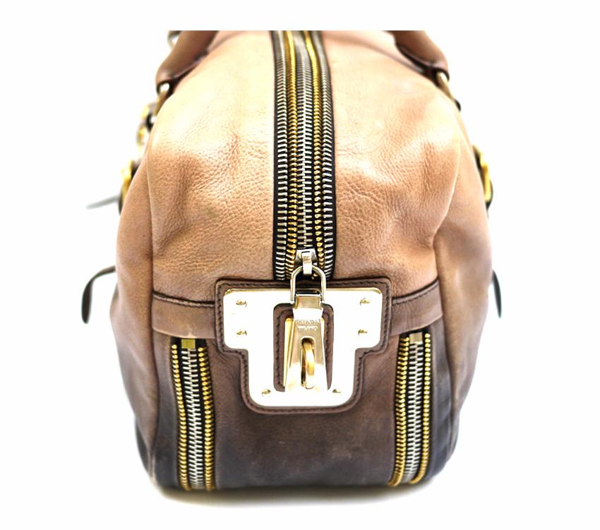 Preowned Prada Smoke Ombre Glace Zip Leather Bowler Handbag Beige/Nude