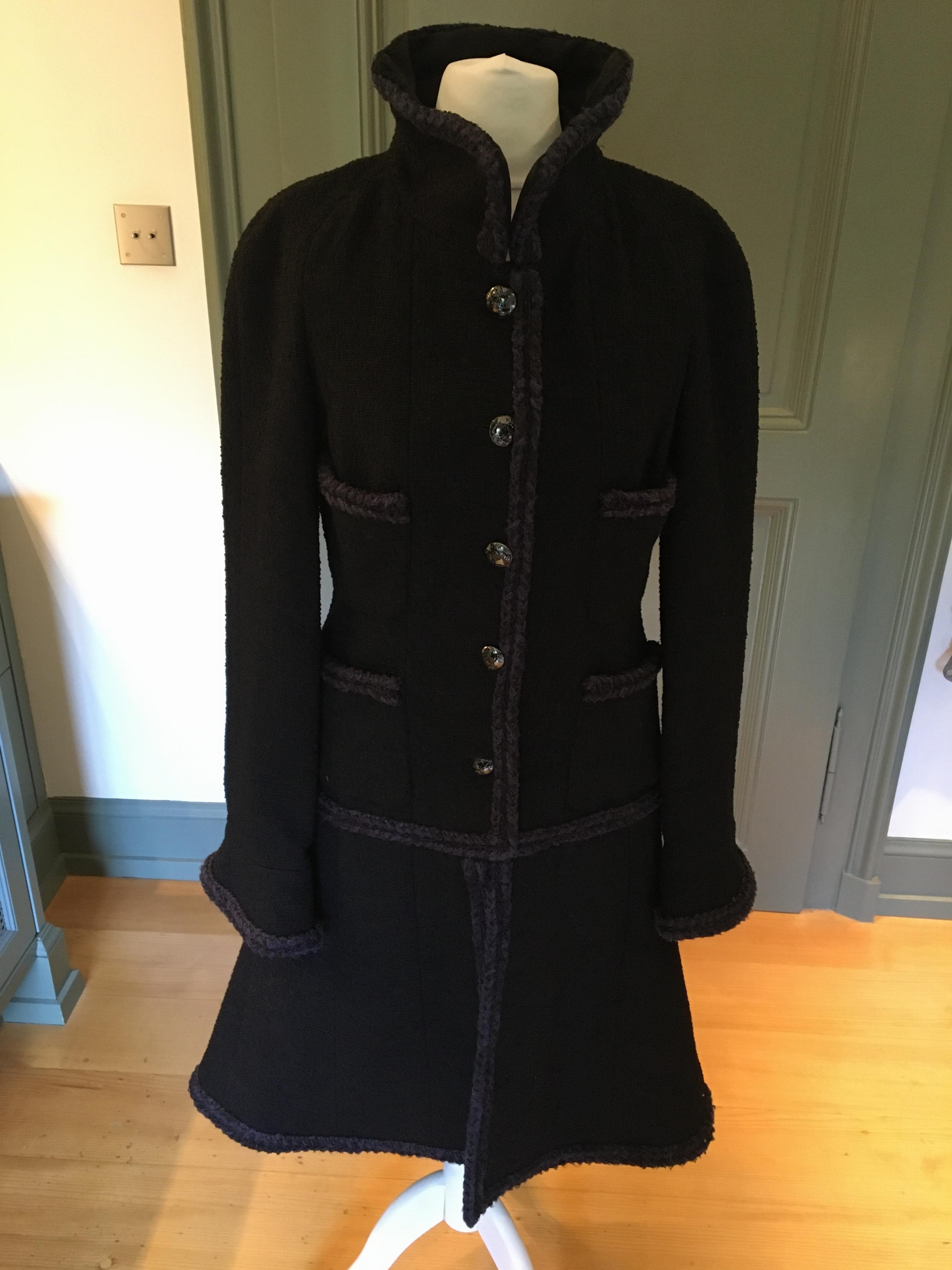 Preowned Chanel Black Tweed Trimmed Wool Blend Coat Size XS