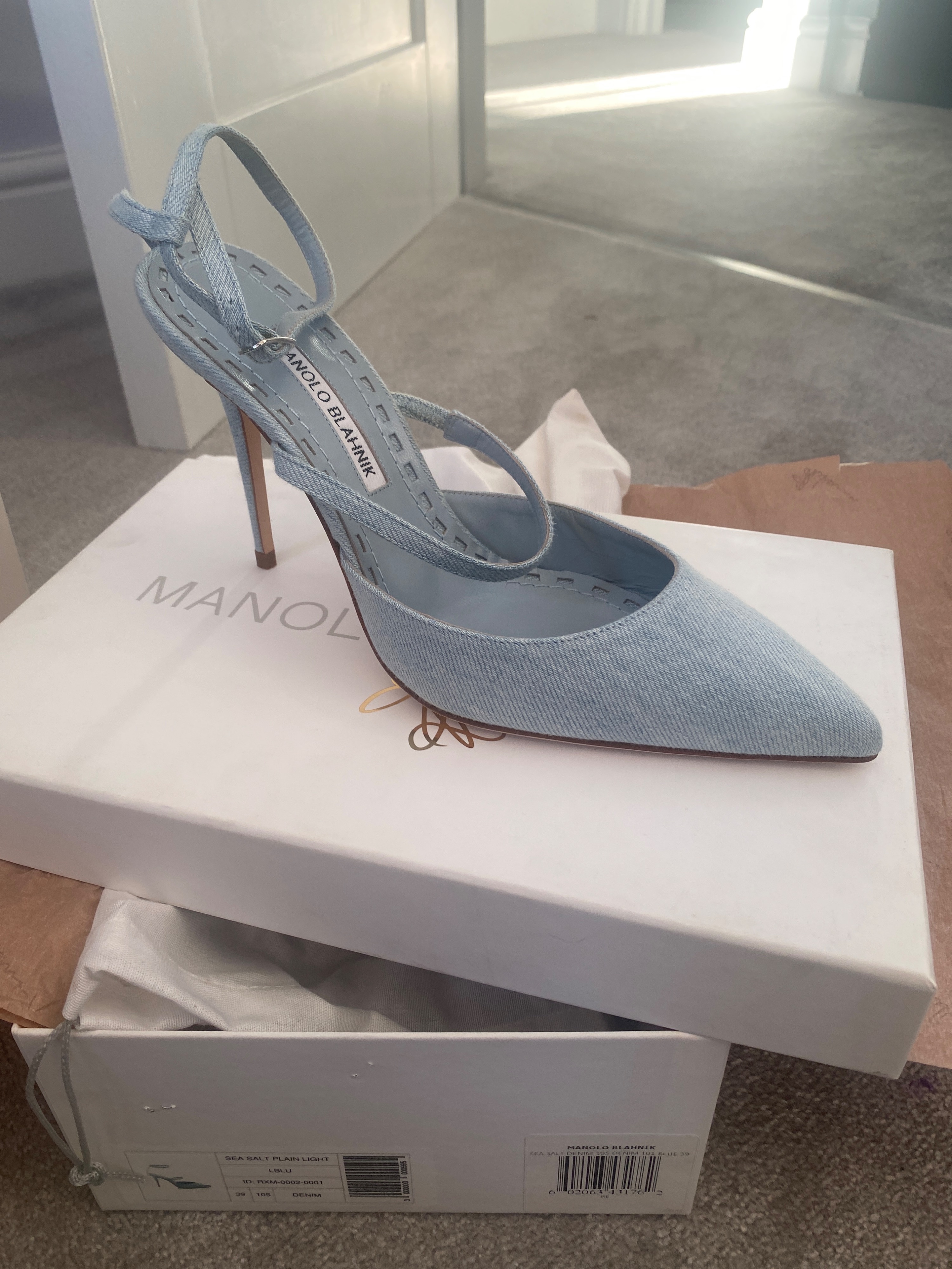 Manolo Blahnik x Rihanna Sea Salt Denim Sandals Size 39