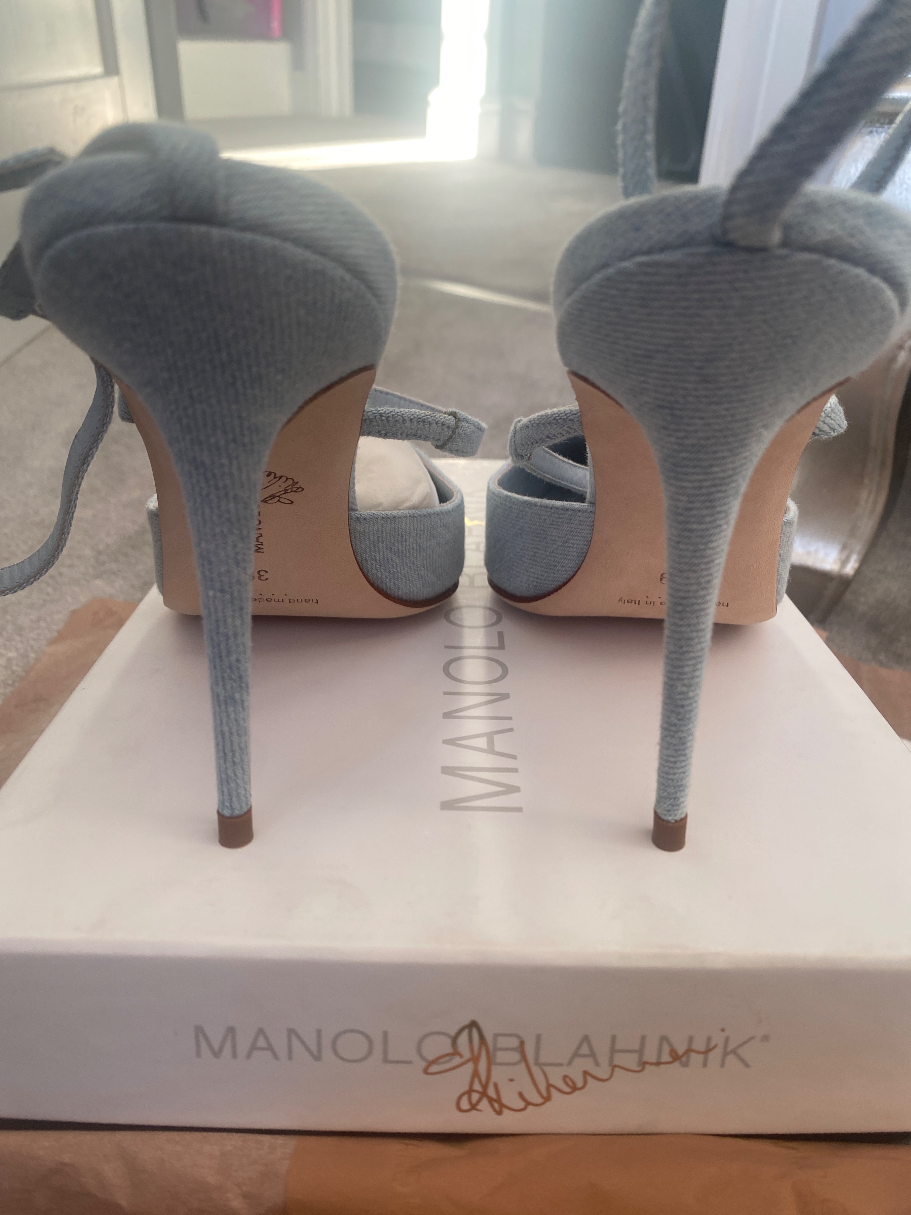 Manolo Blahnik x Rihanna Sea Salt Denim Sandals Size 39