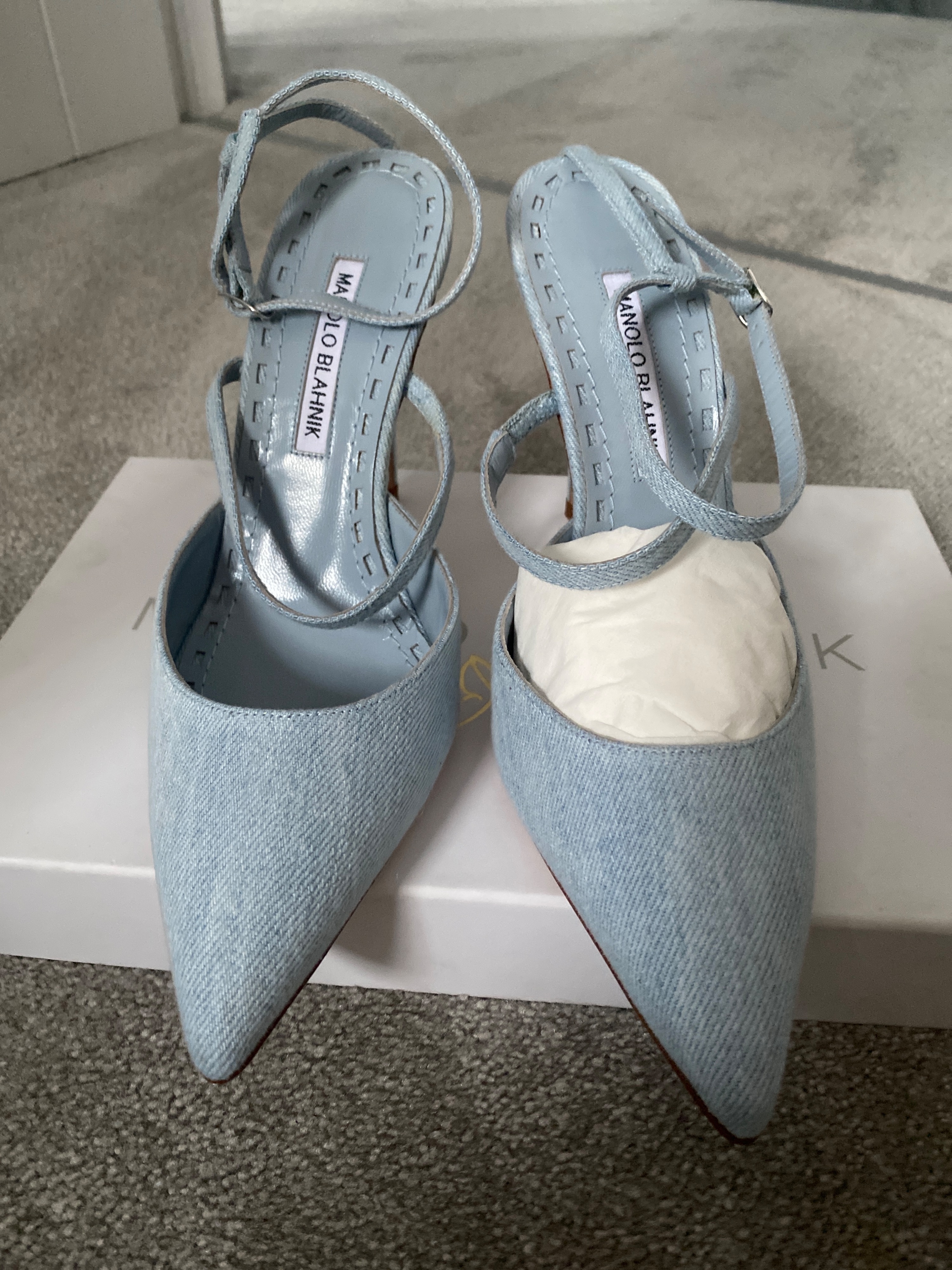 Manolo Blahnik x Rihanna Sea Salt Denim Sandals Size 39