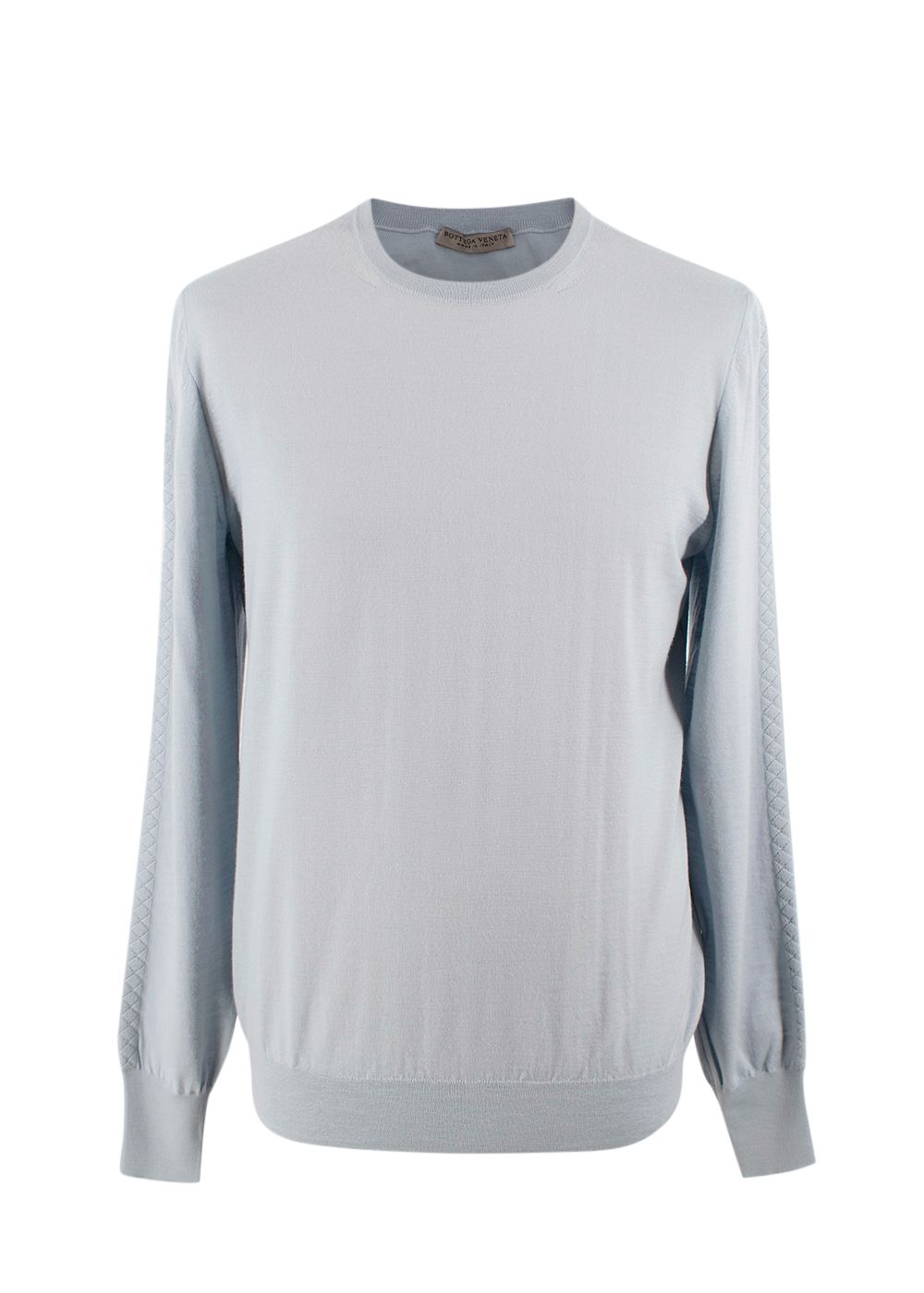 Men's Bottega Veneta Light Blue Fine Knit Jumper with Intrecciato Sleeve Detail Size M wool