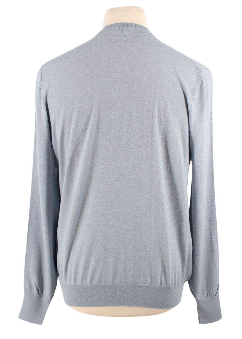 Men's Bottega Veneta Light Blue Fine Knit Jumper with Intrecciato Sleeve Detail Size M wool