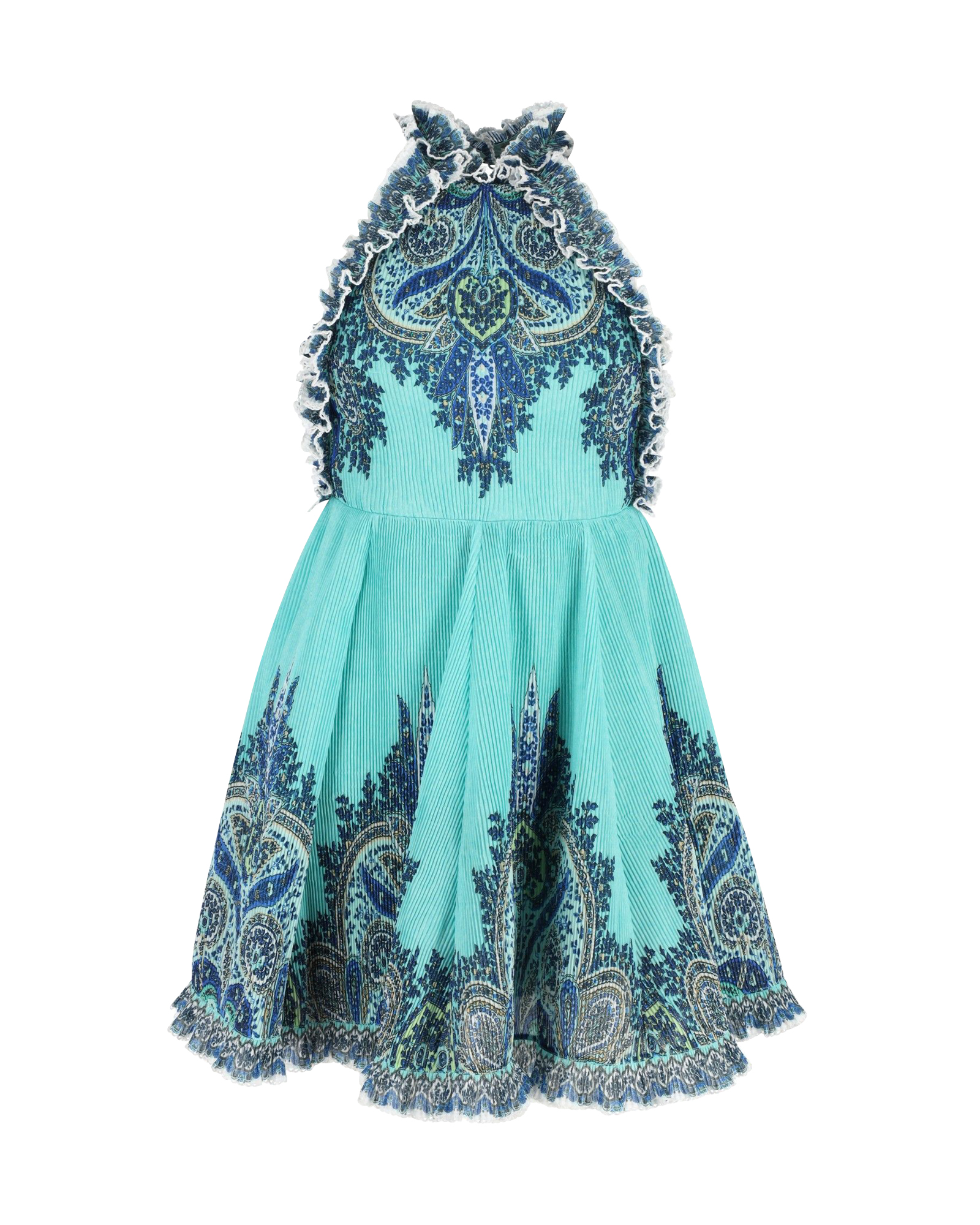 Preowned Zimmermann Blue Moncur Ruffle-Neck Printed Mini Dress Size XS turquoise polyester