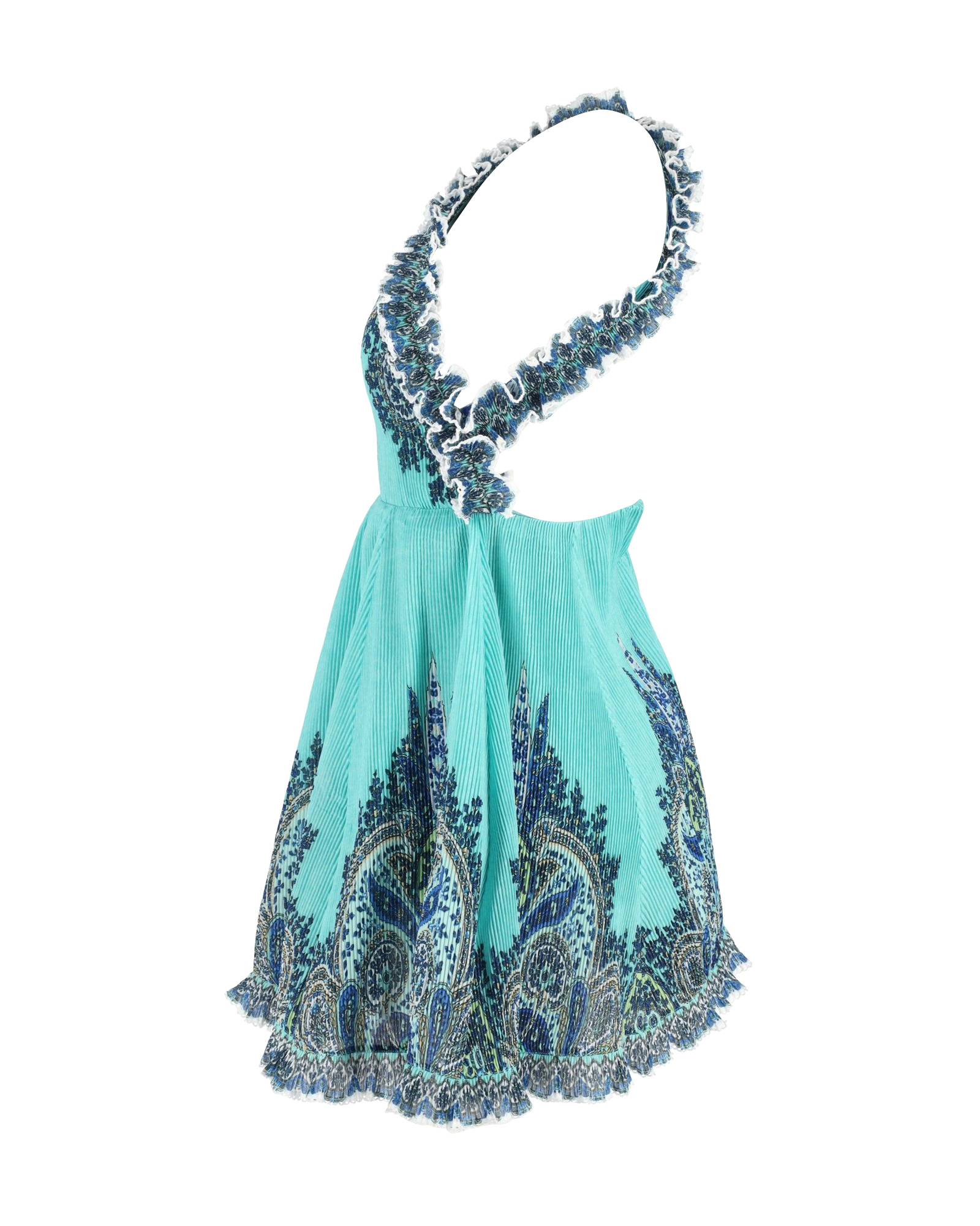 Preowned Zimmermann Blue Moncur Ruffle-Neck Printed Mini Dress Size XS turquoise polyester