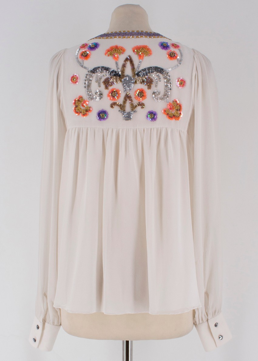 Matthew Williamson Silk Floral Sequin Embellished Blouse Size XS Cream