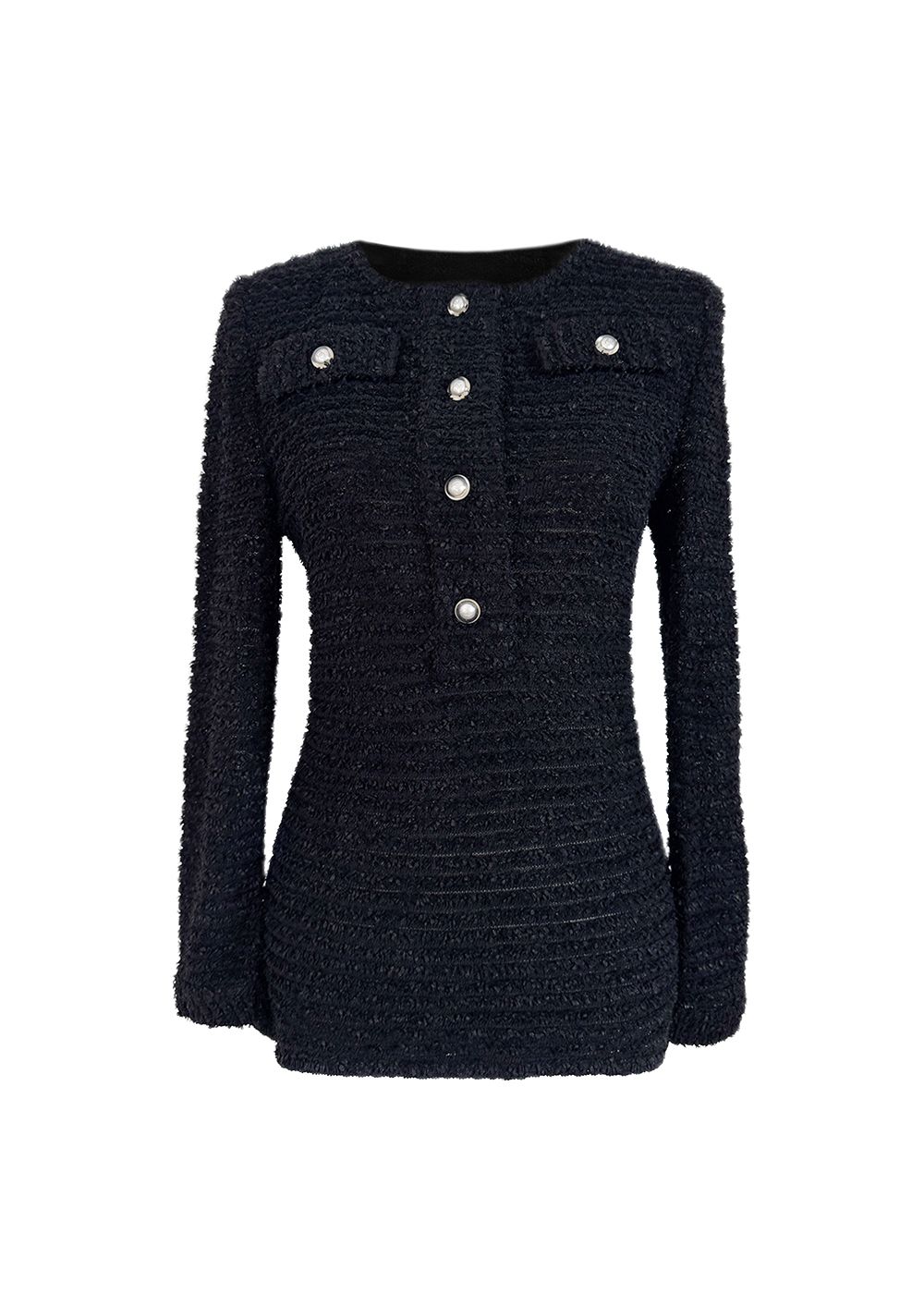 Chanel Black Fantasy Tweed Jumper with Faux Pearl Button Detail Size M