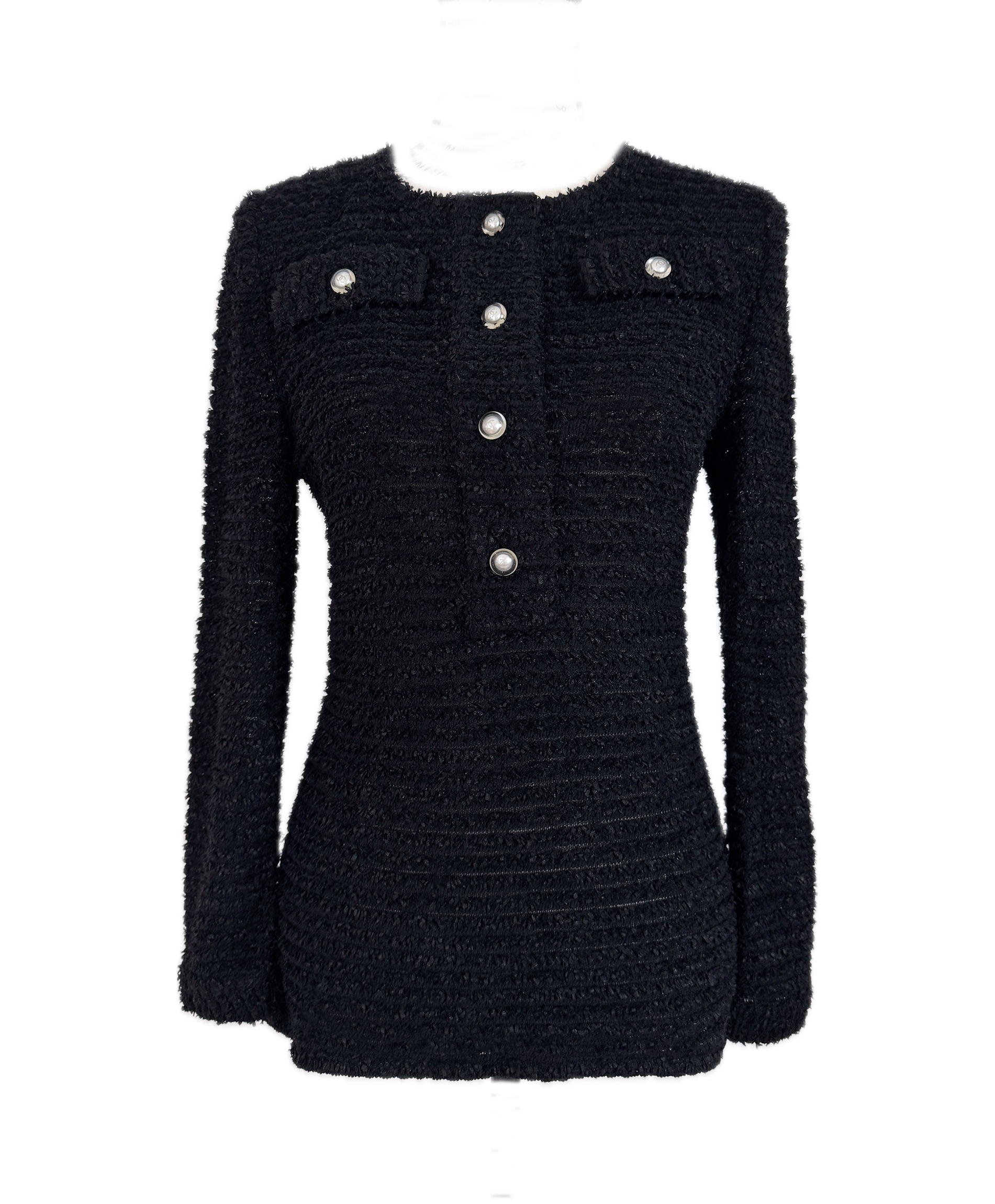 Chanel Black Fantasy Tweed Jumper with Faux Pearl Button Detail Size M