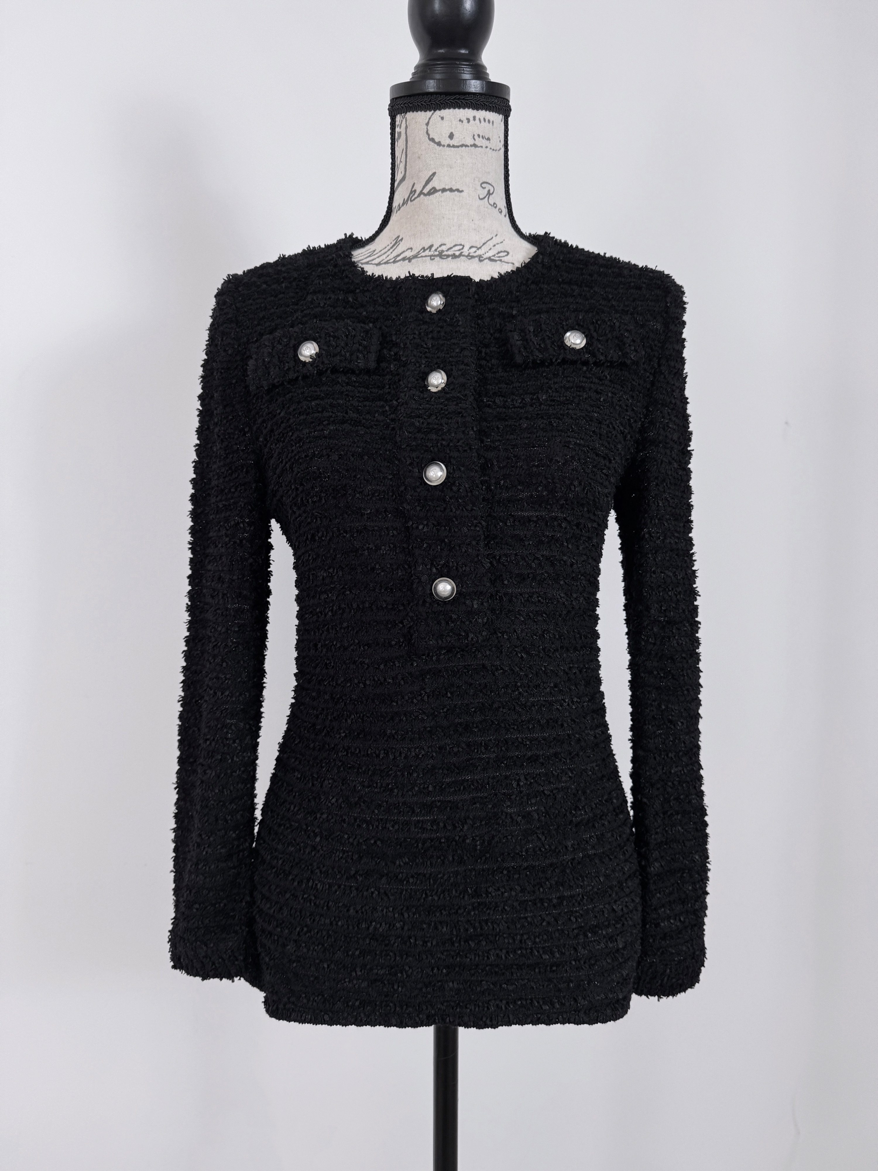 Chanel Black Fantasy Tweed Jumper with Faux Pearl Button Detail Size M