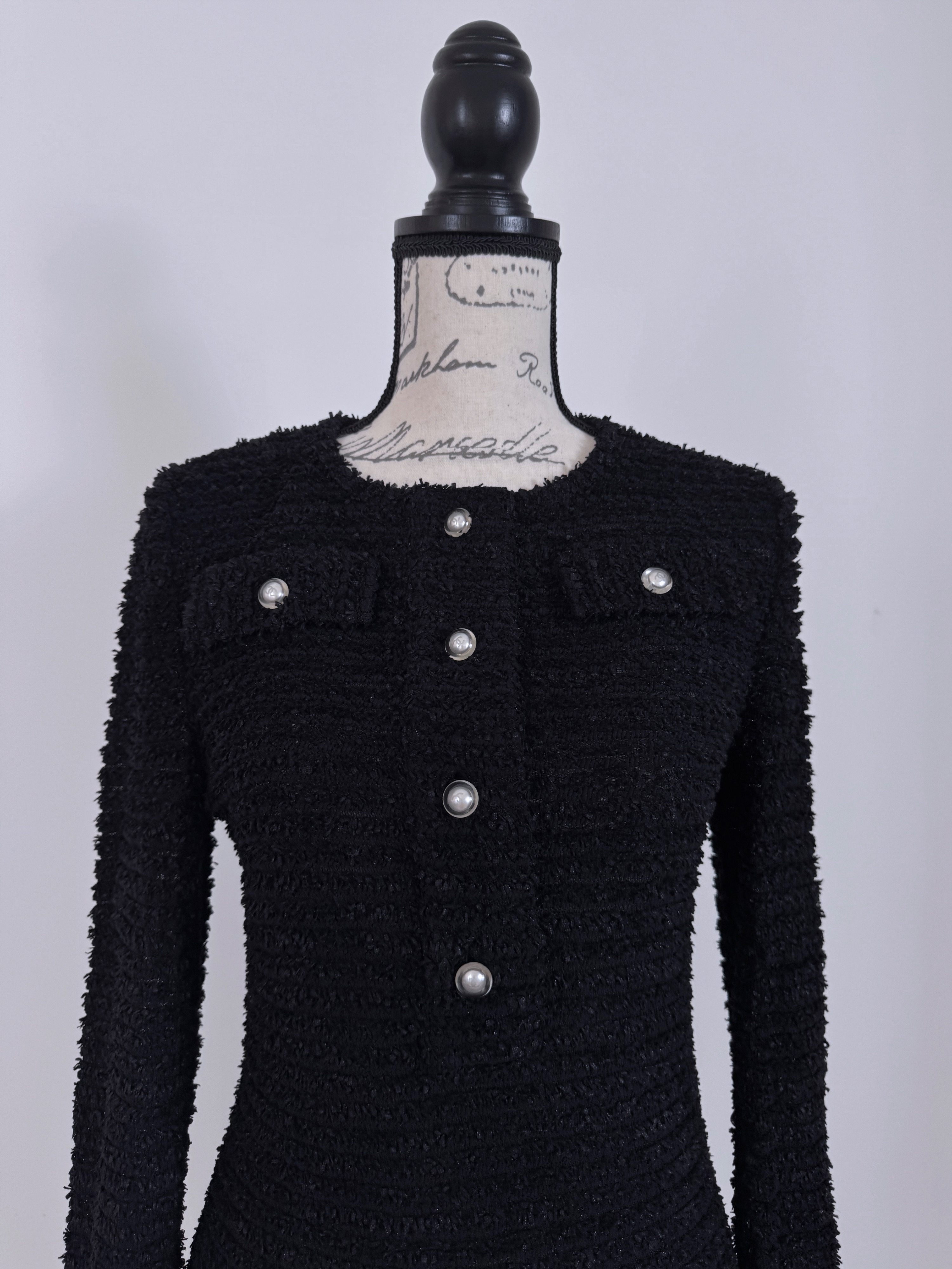 Chanel Black Fantasy Tweed Jumper with Faux Pearl Button Detail Size M