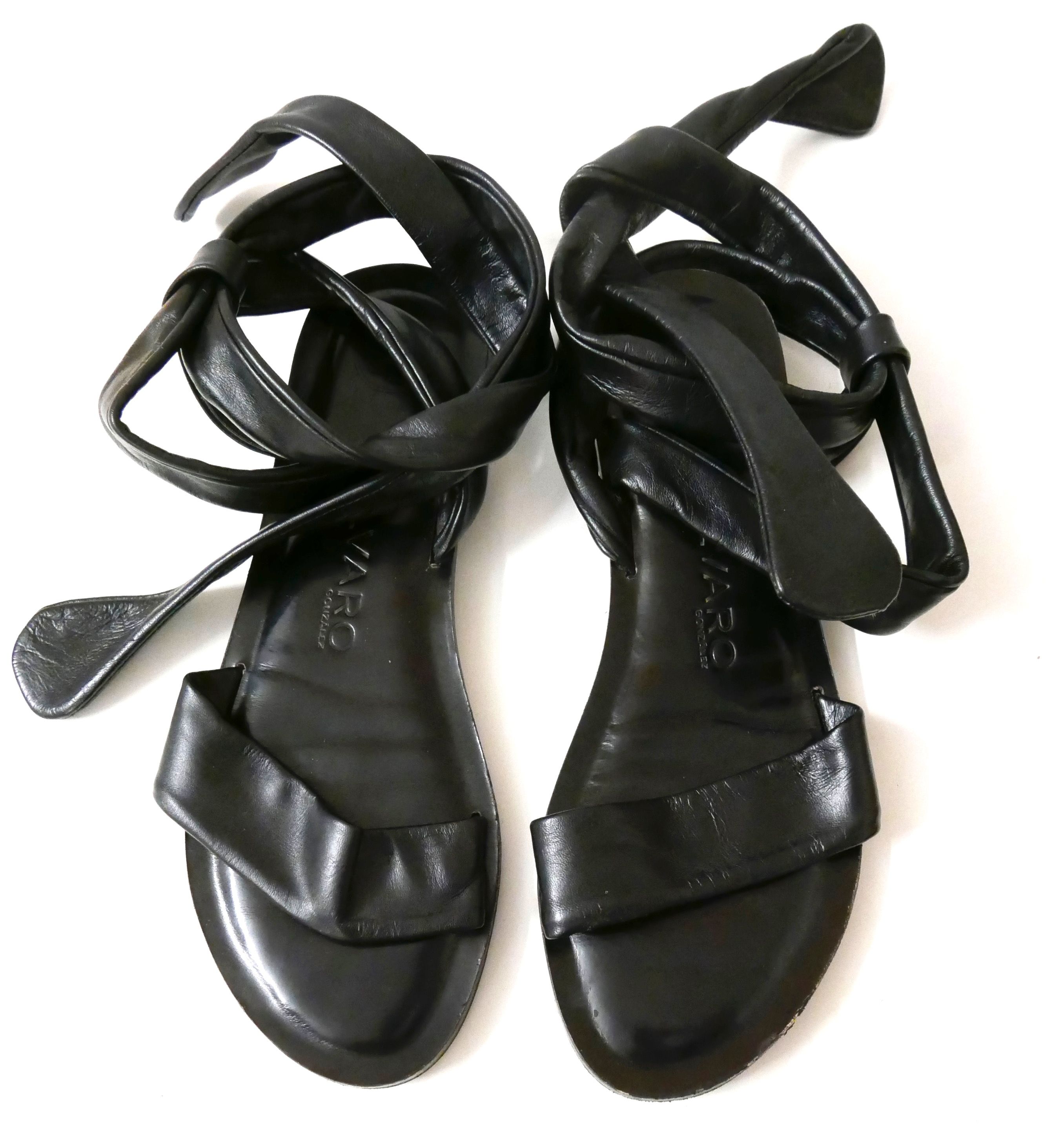 Preowned Alvaro Gonzalez Black Leather Wrap Ankle Flat Sandals Size 40