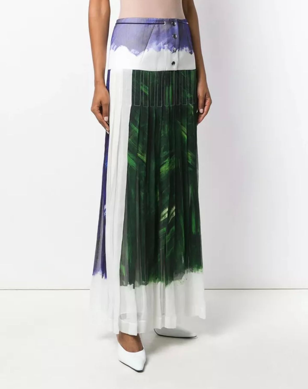 Victoria Beckham Green and Purple Paintbrush Yoke Panel Pleated Skirt Size XS polyester